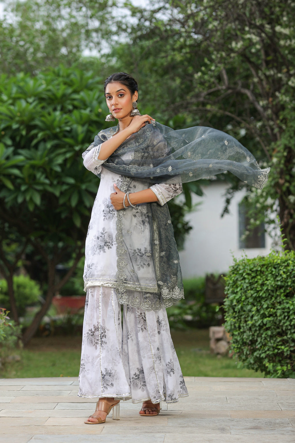 Rangitoto Grey White Georgette Sharara Set