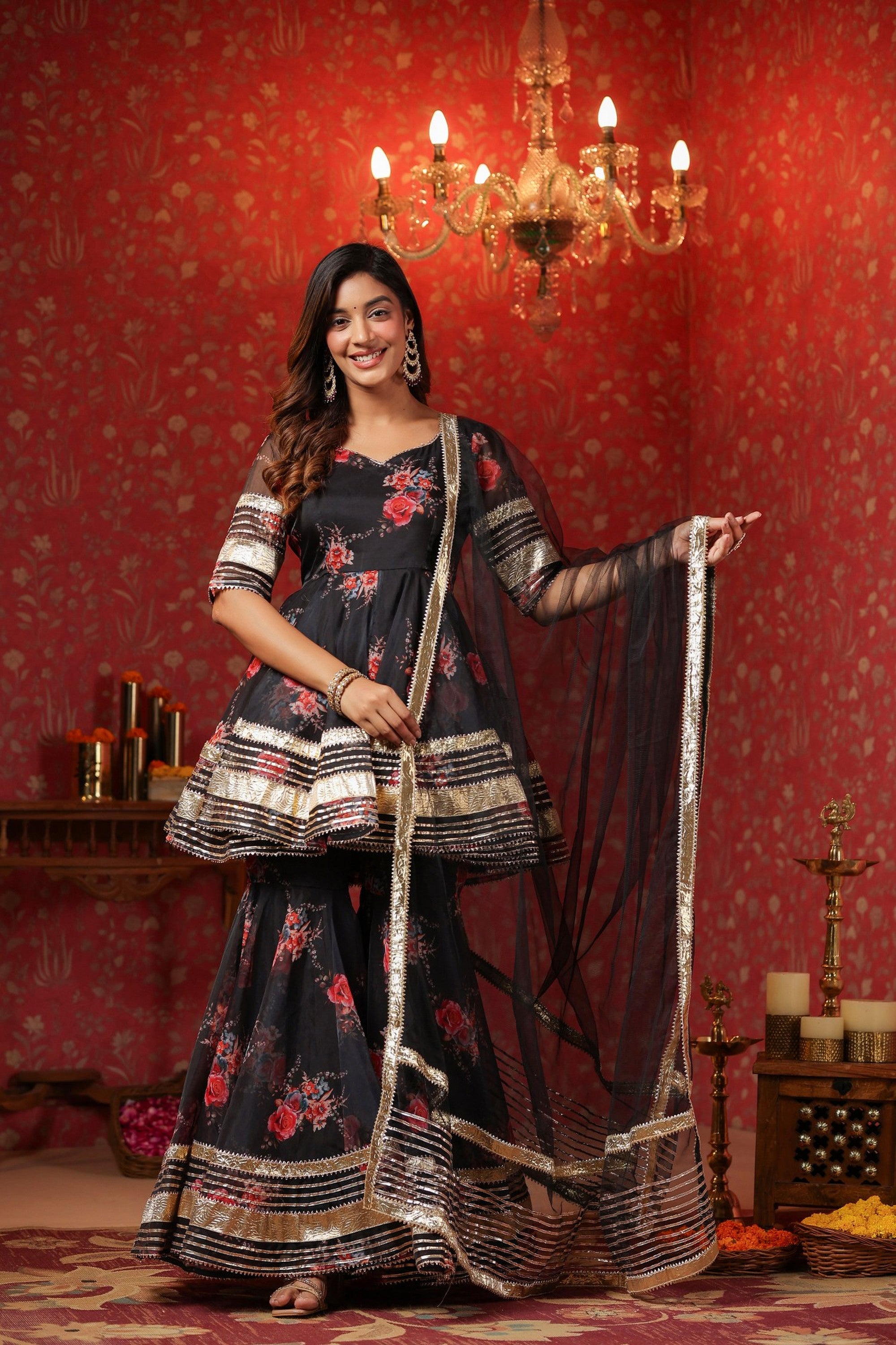 Crow Black Organza Sharara Set