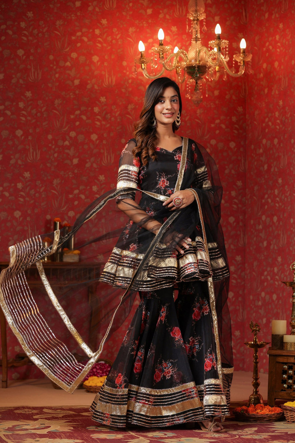 Crow Black Organza Sharara Set