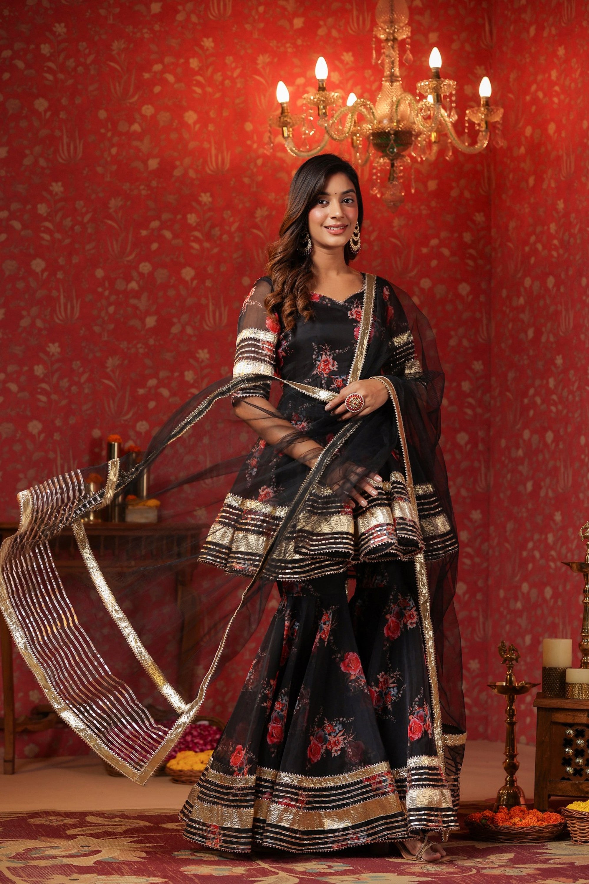 Crow Black Organza Sharara Set