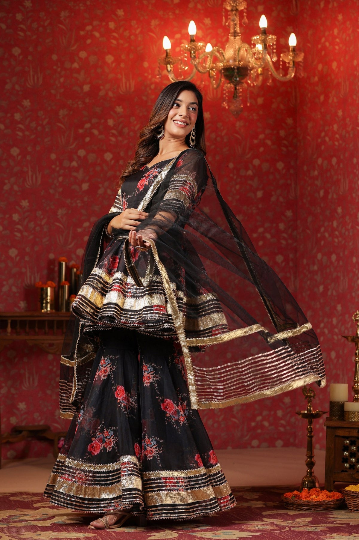 Crow Black Organza Sharara Set