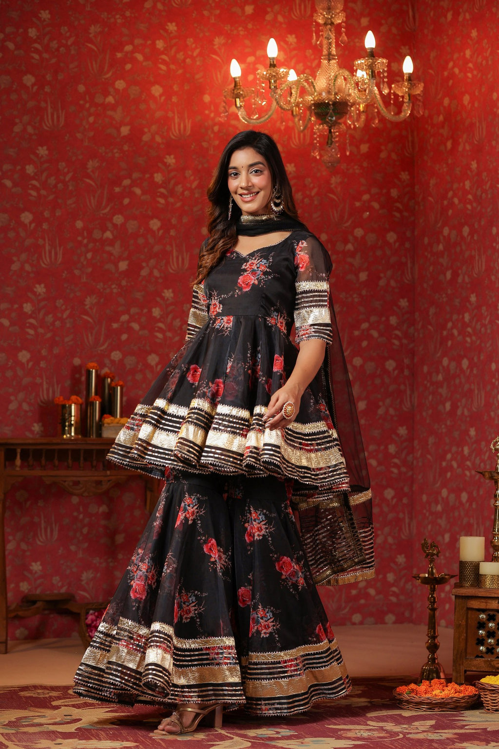Crow Black Organza Sharara Set