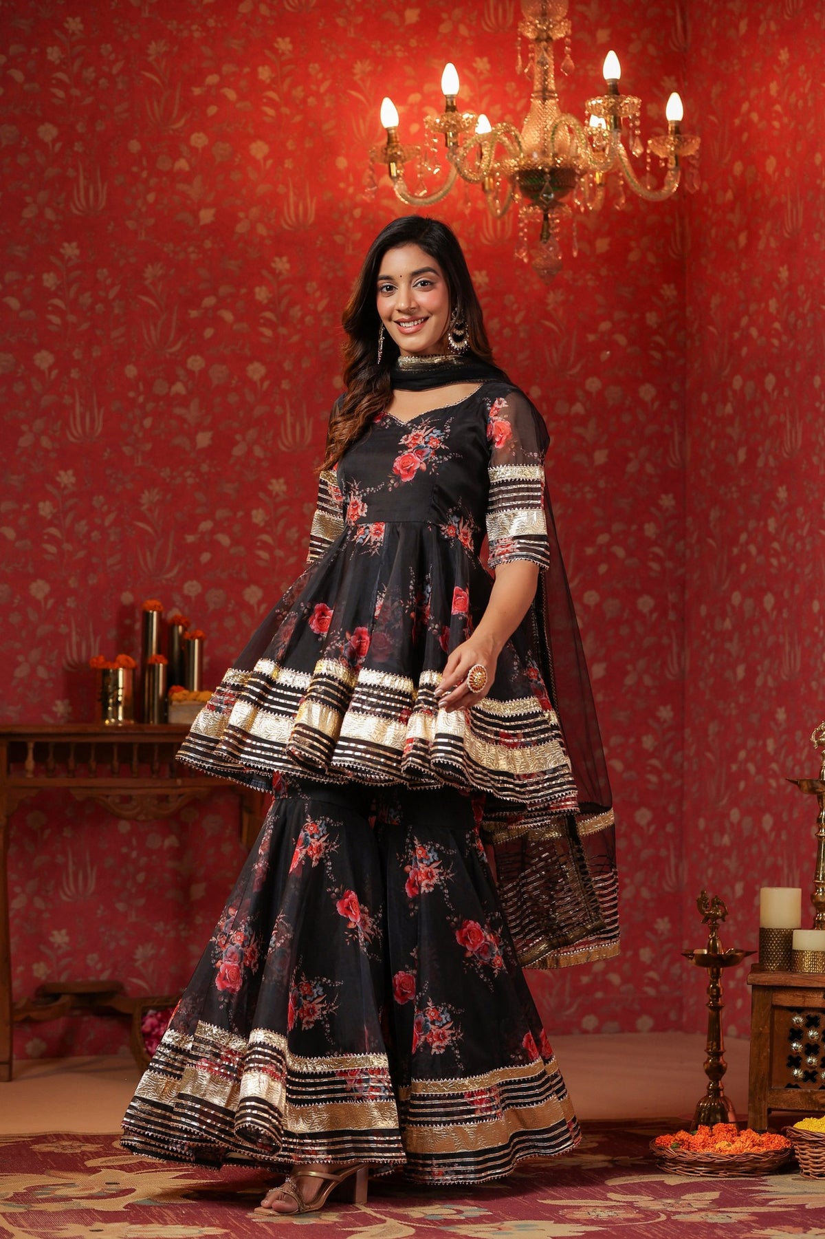 Crow Black Organza Sharara Set