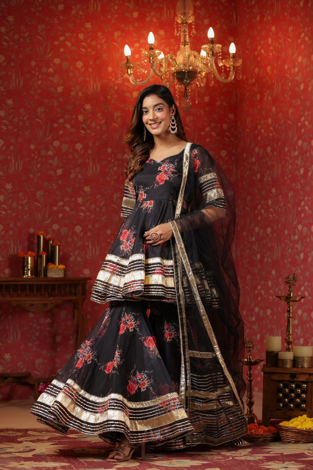 Crow Black Organza Sharara Set