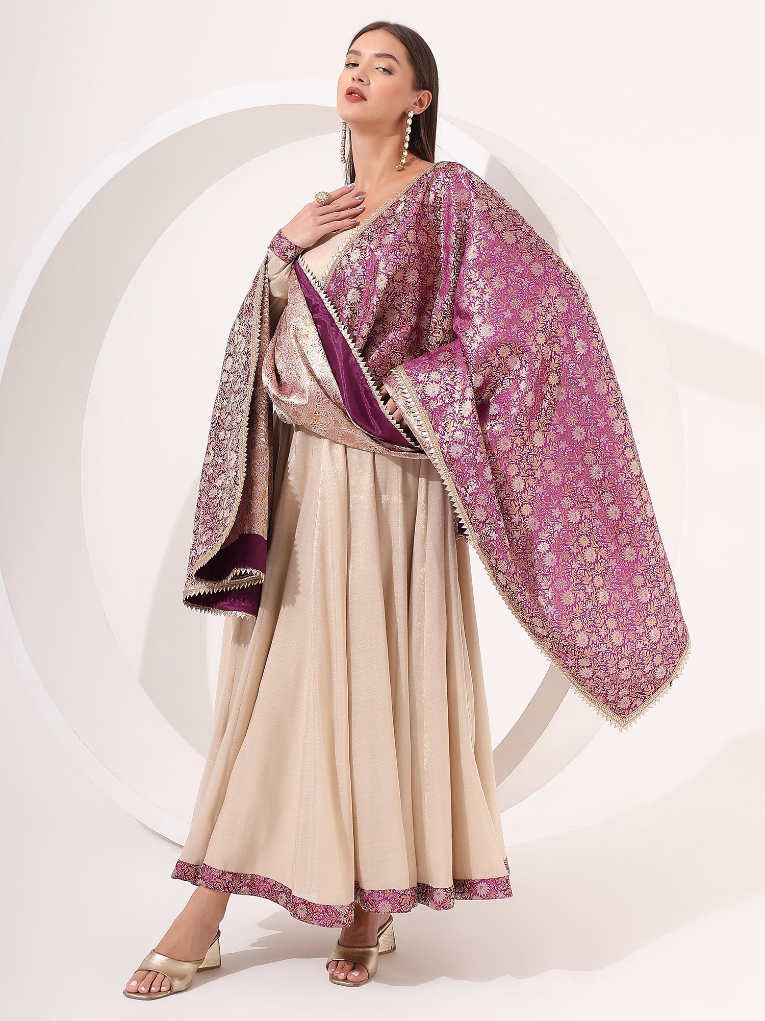 Golden Anarkali With Brocade Dupatta