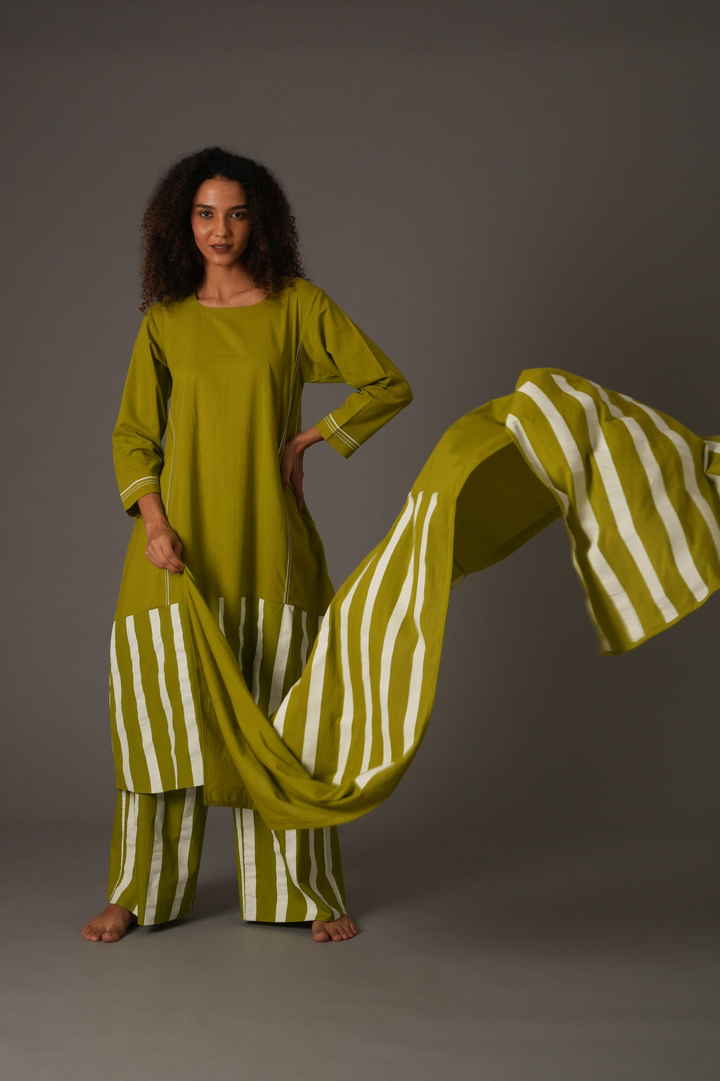 Purple Bright white stripe dress With Pant and Scarff