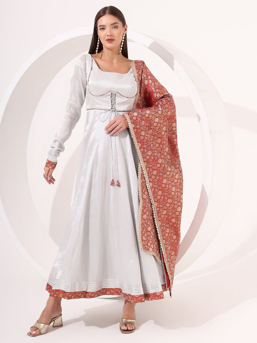 Silver Anarkali with Brocade Dupatta