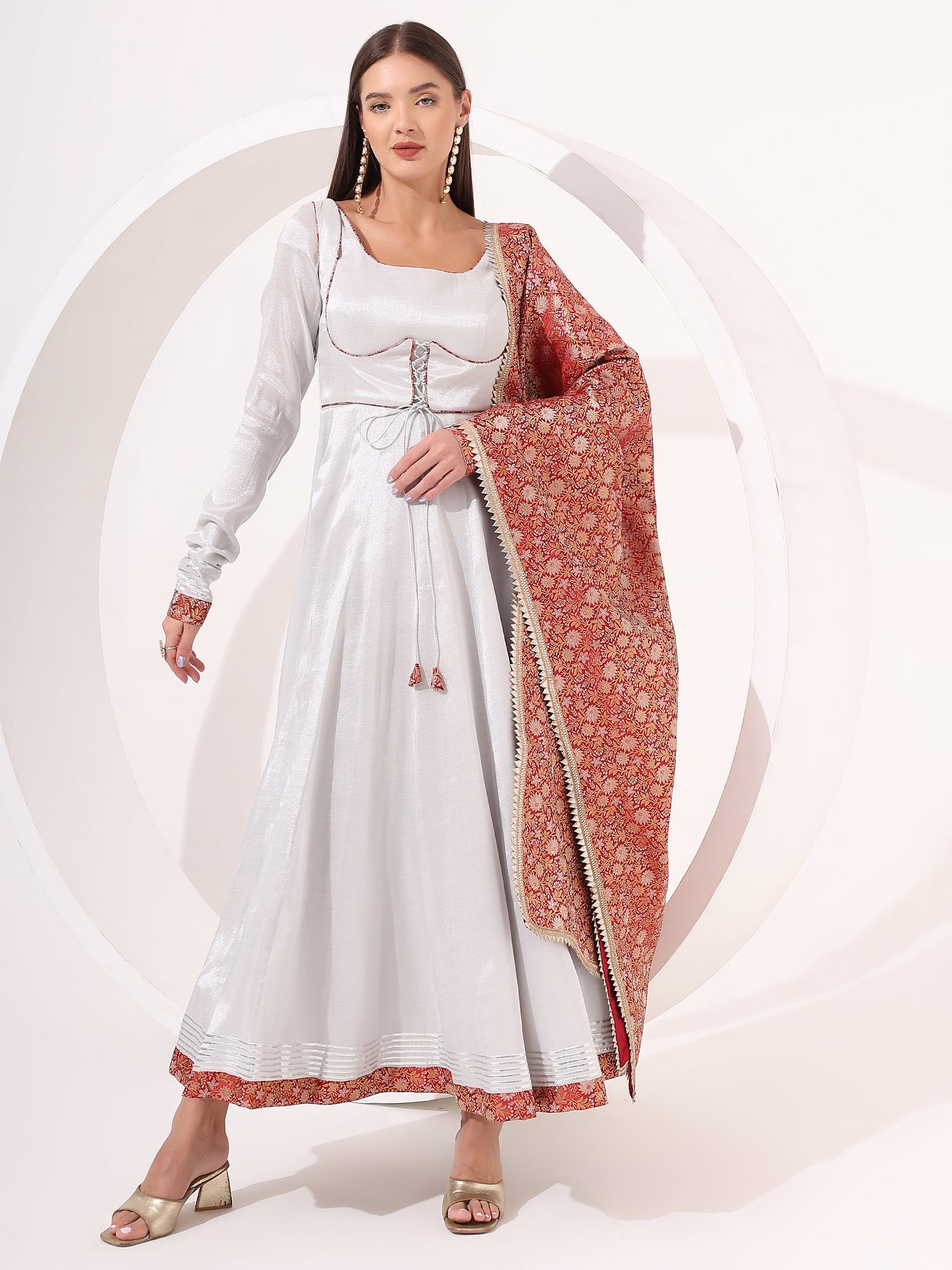 Silver Anarkali with Brocade Dupatta