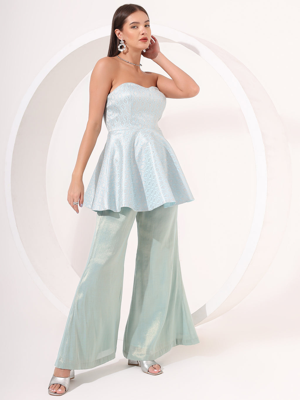 Ice Blue Strapless Brocade Peplum Set