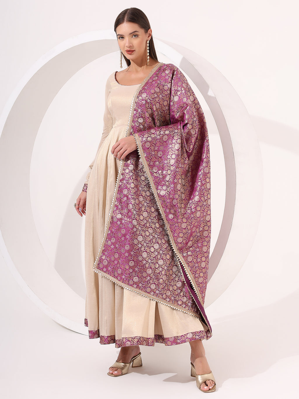 Golden Anarkali With Brocade Dupatta