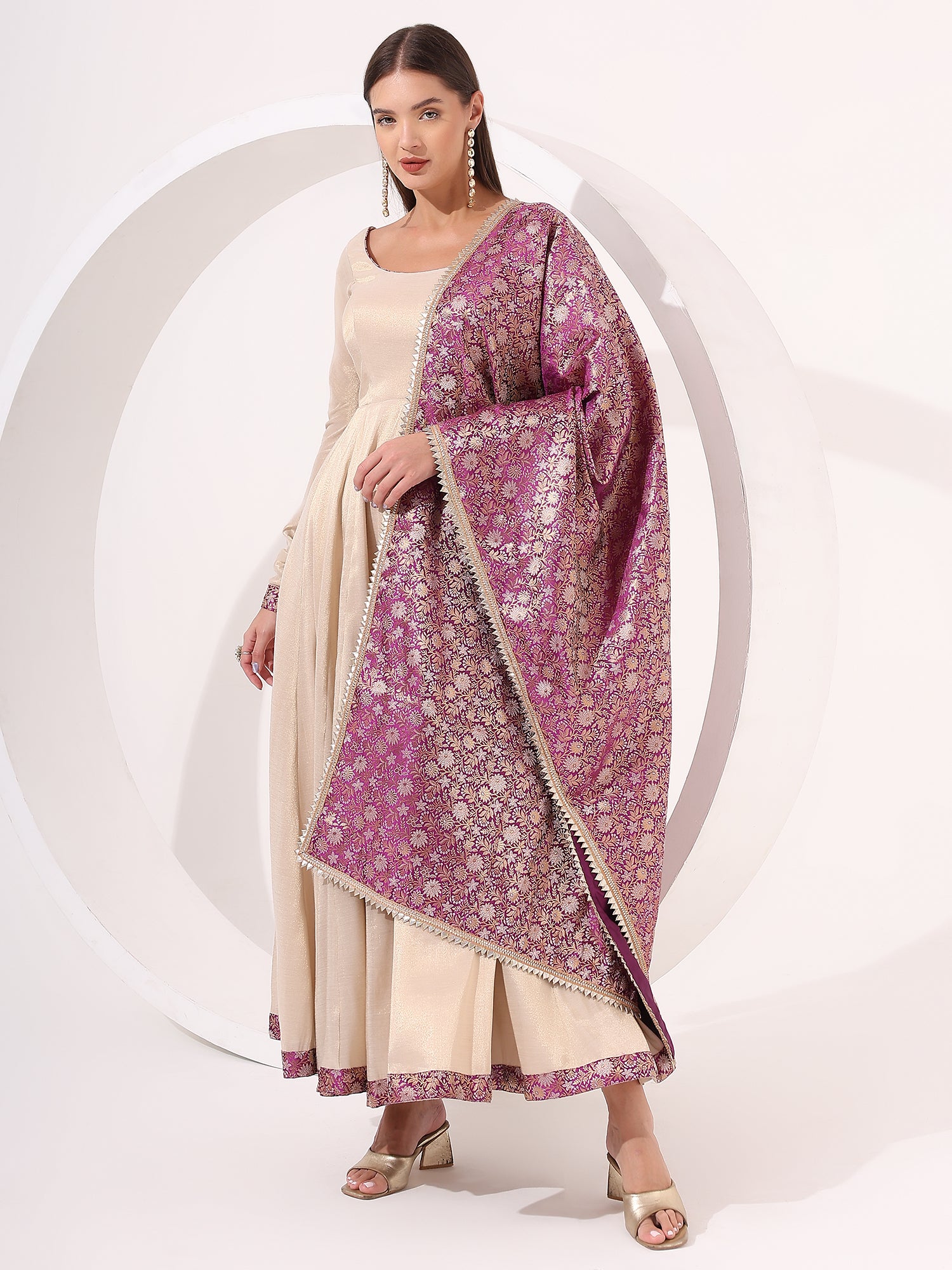 Golden Anarkali With Brocade Dupatta