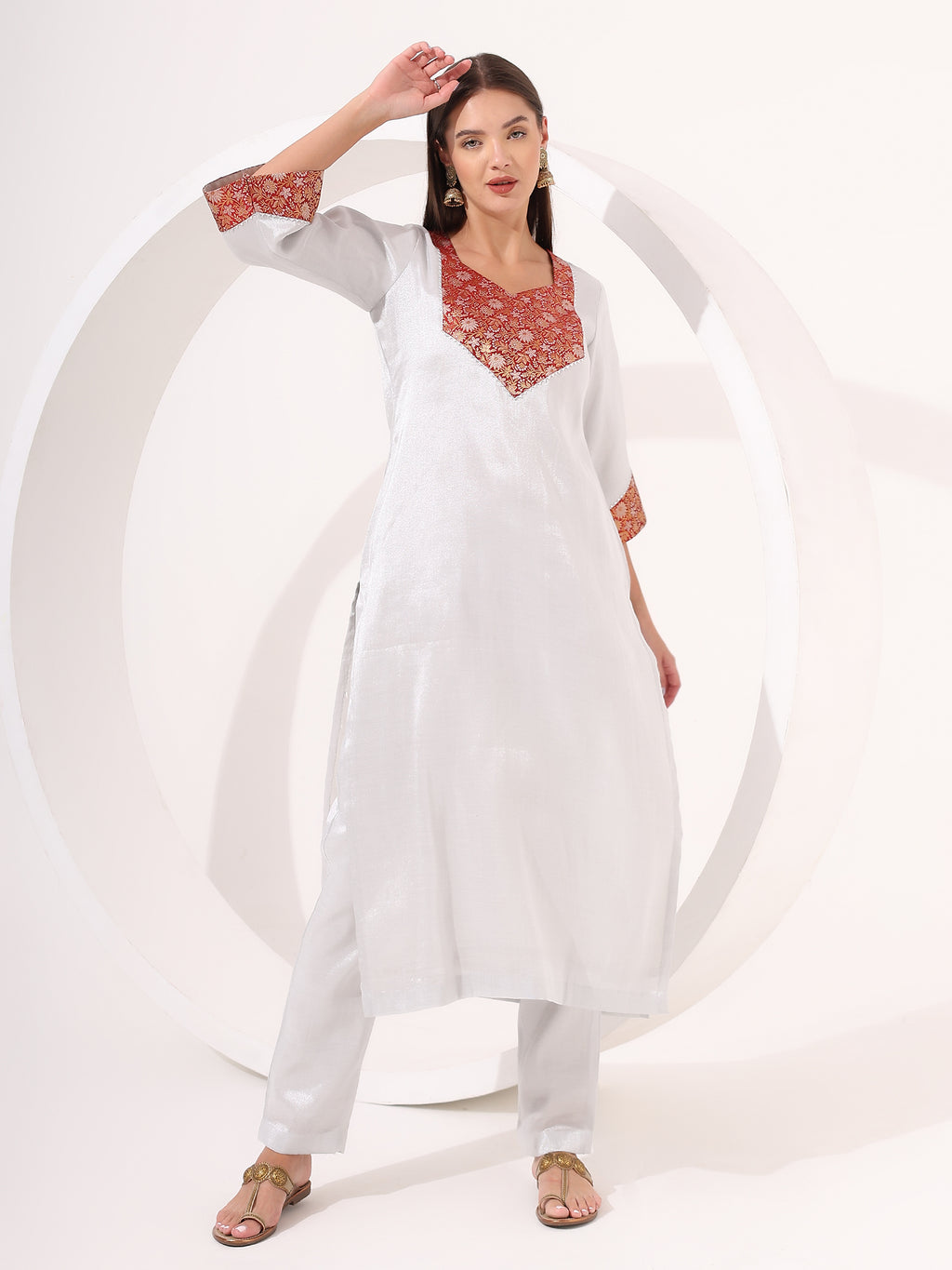 Silver Tissue Straight Kurta Set