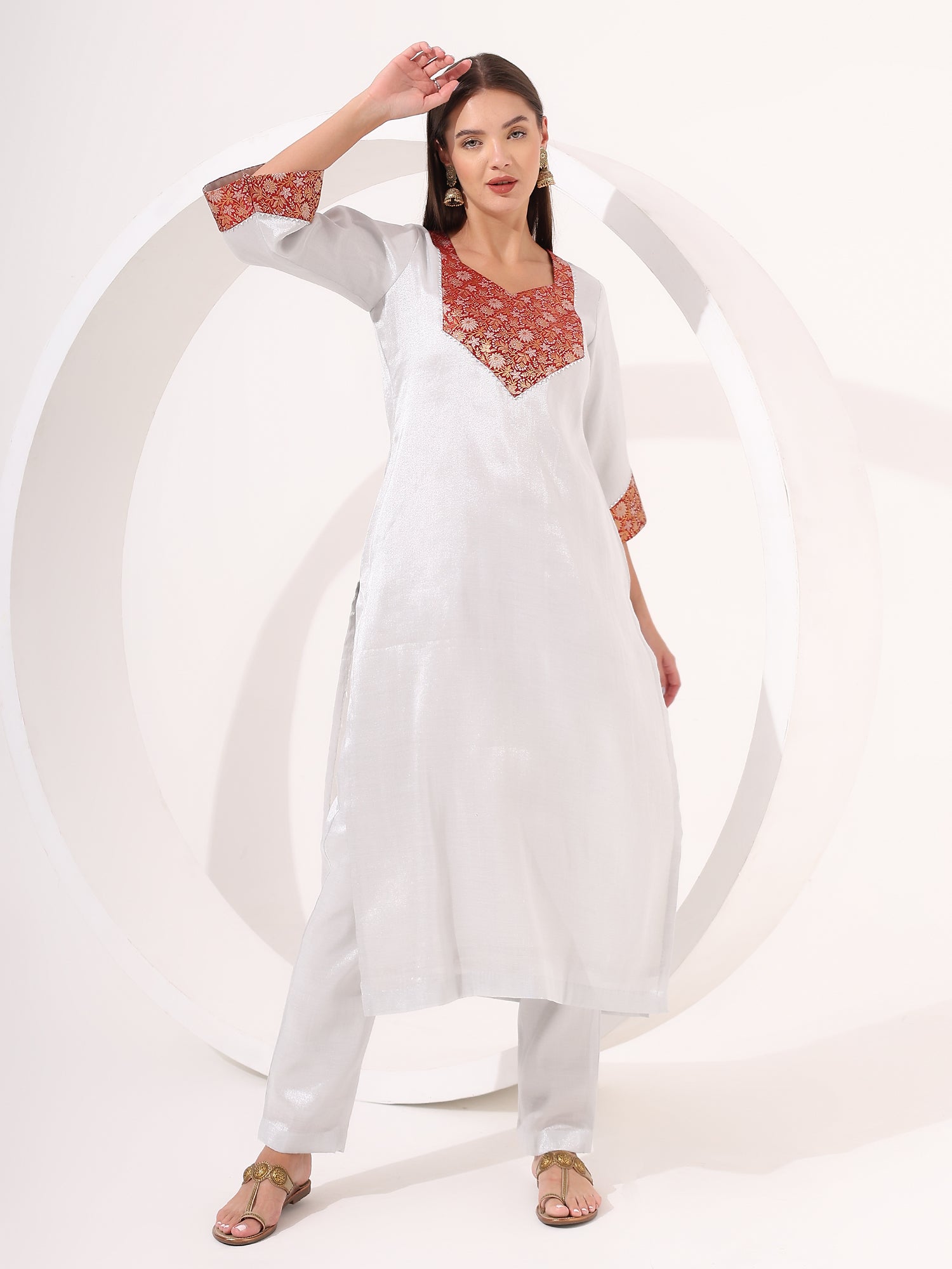 Silver Tissue Straight Kurta Set
