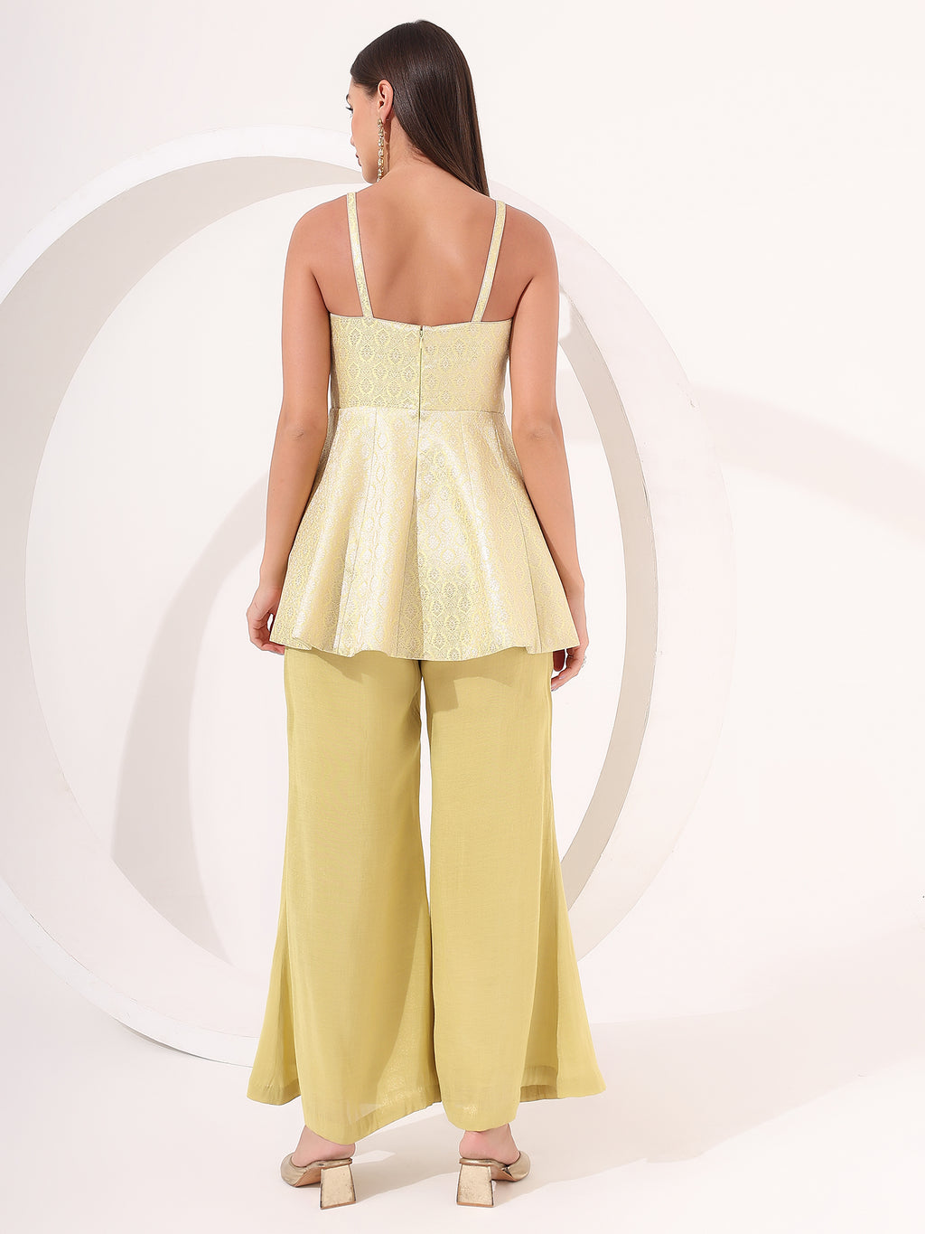 Lemon Yellow Brocade Peplum Set