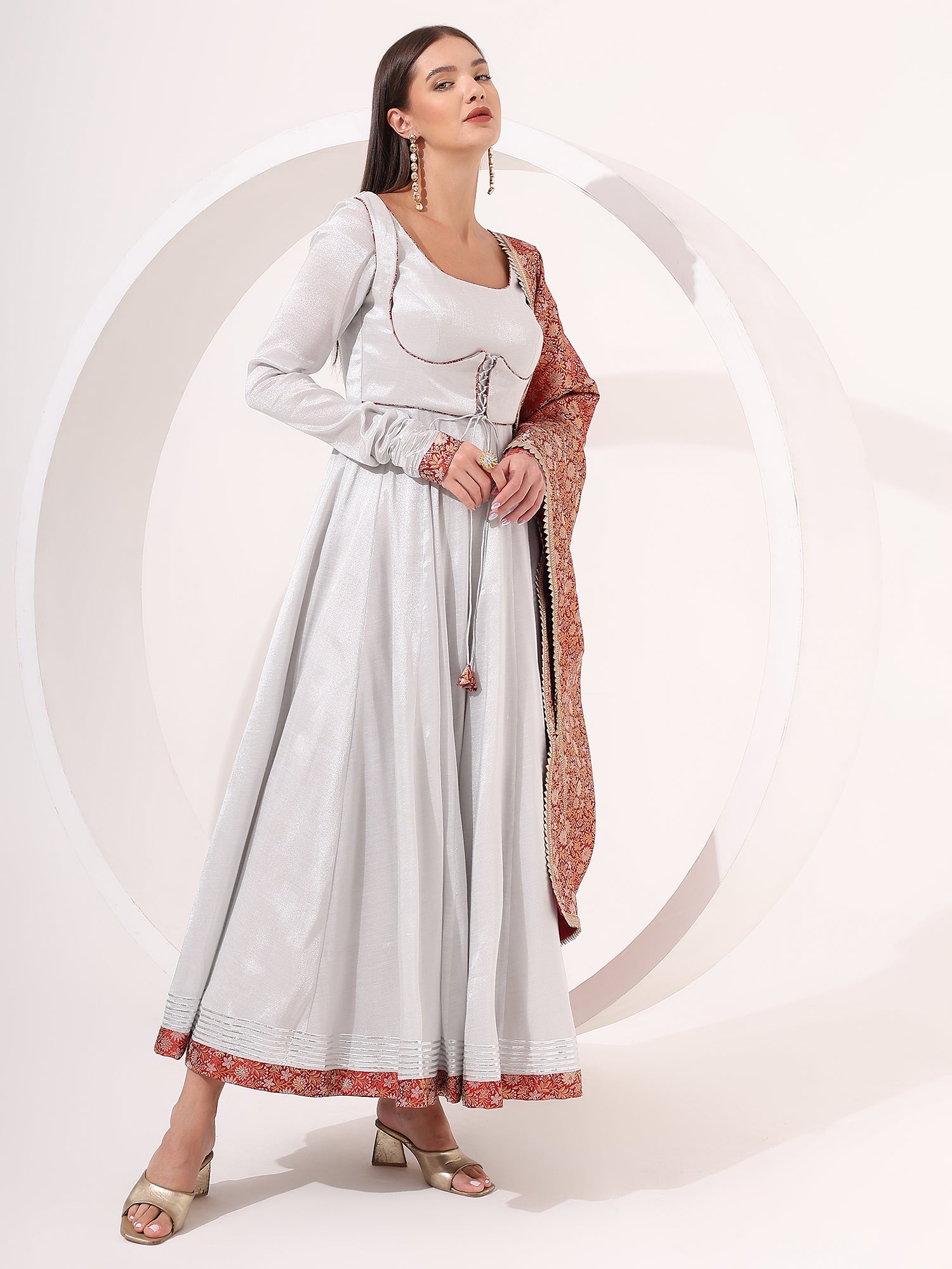 Silver Anarkali with Brocade Dupatta