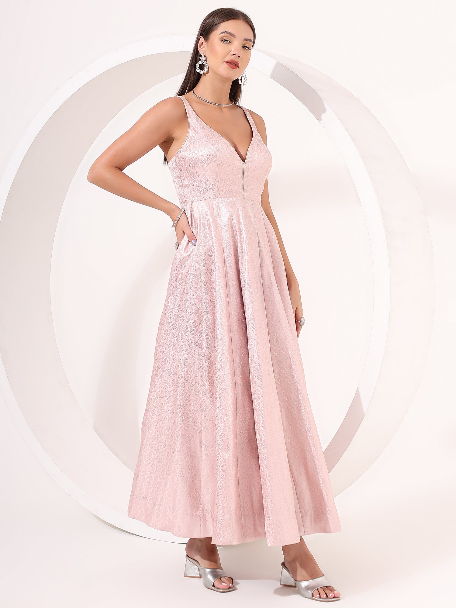 Blush Pink Brocade Anarkali Gown