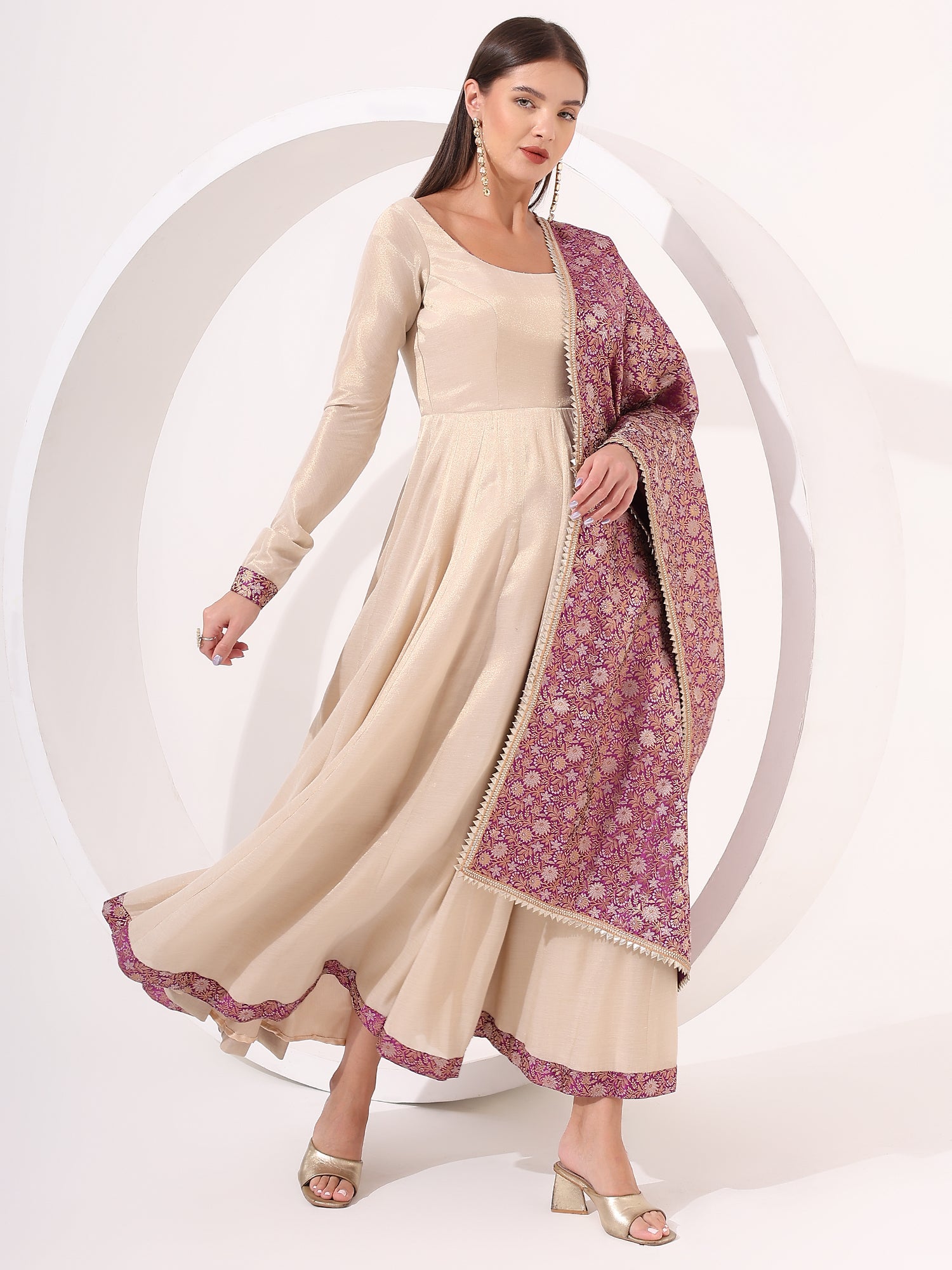 Golden Anarkali With Brocade Dupatta