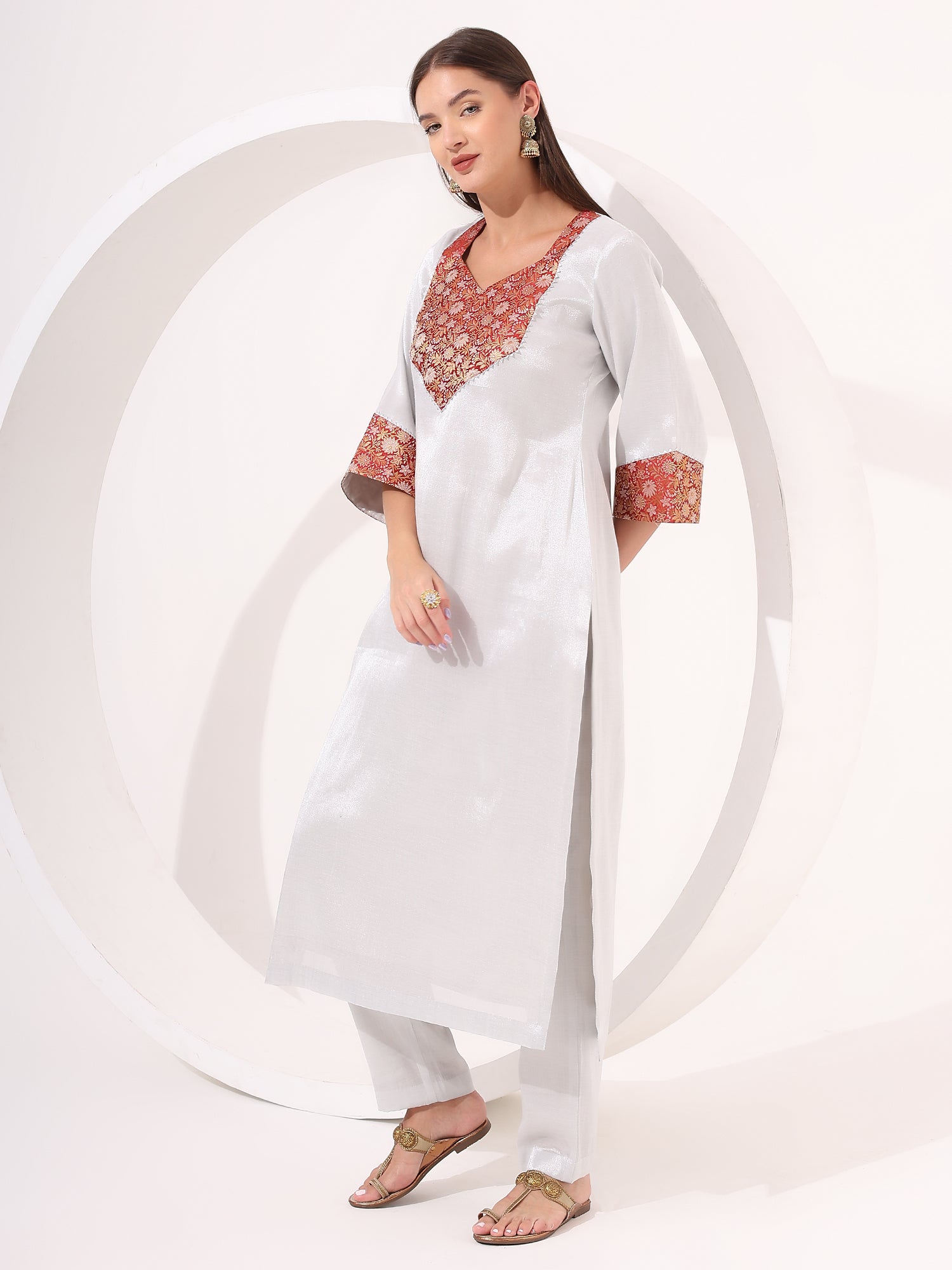 Silver Tissue Straight Kurta Set