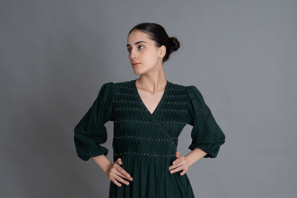 Forest Green Hand-Smocked Dress
