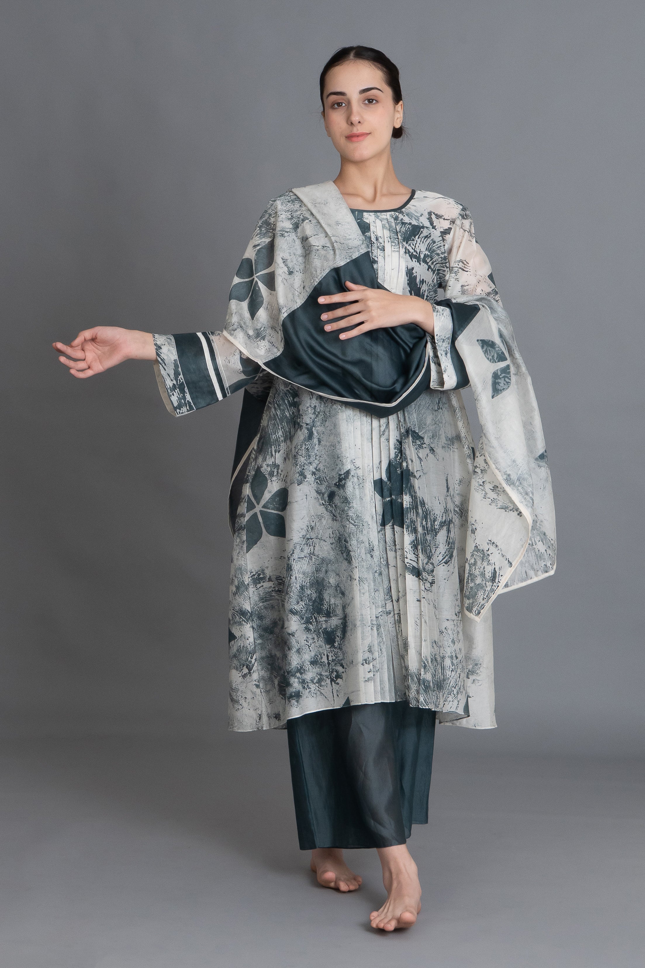 Mint Texture Print Dress Co-ord with Scraff