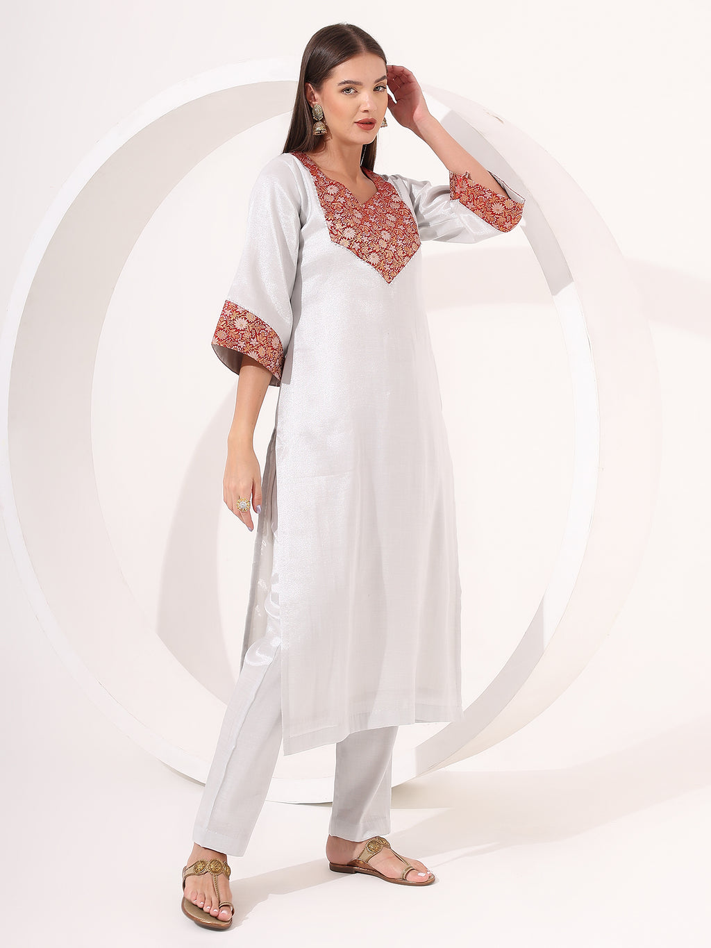 Silver Tissue Straight Kurta Set