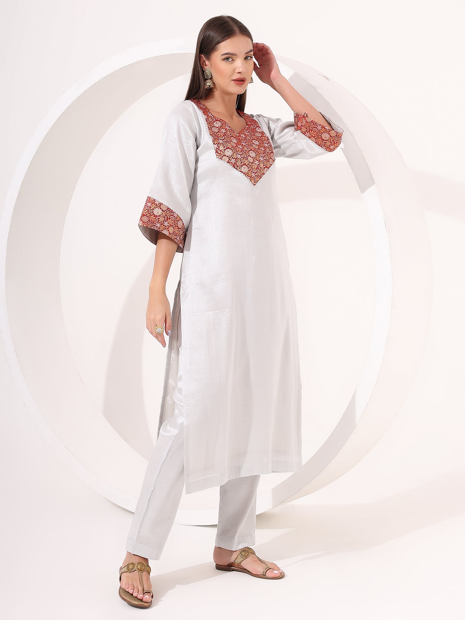 Silver Tissue Straight Kurta Set