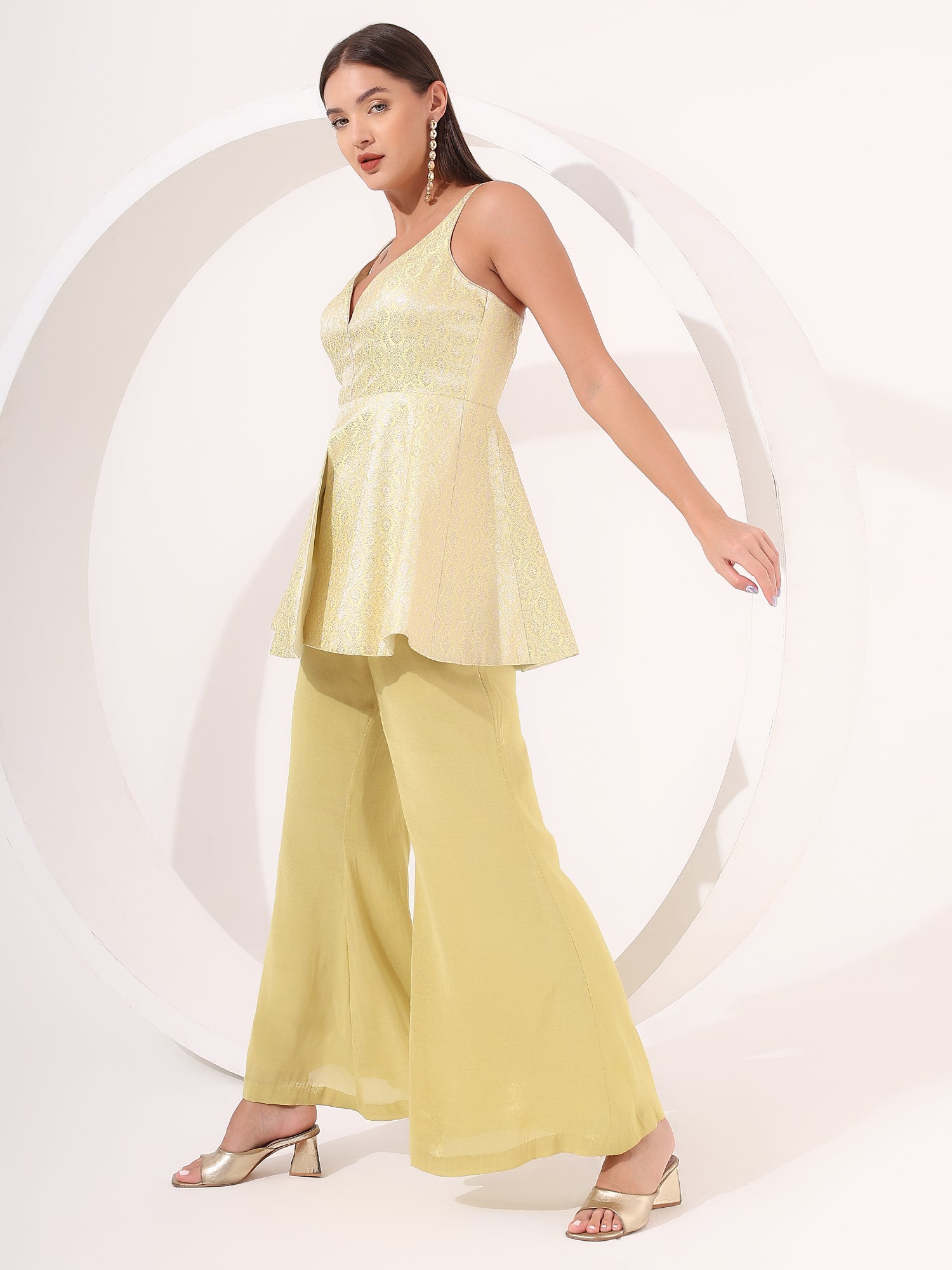 Lemon Yellow Brocade Peplum Set