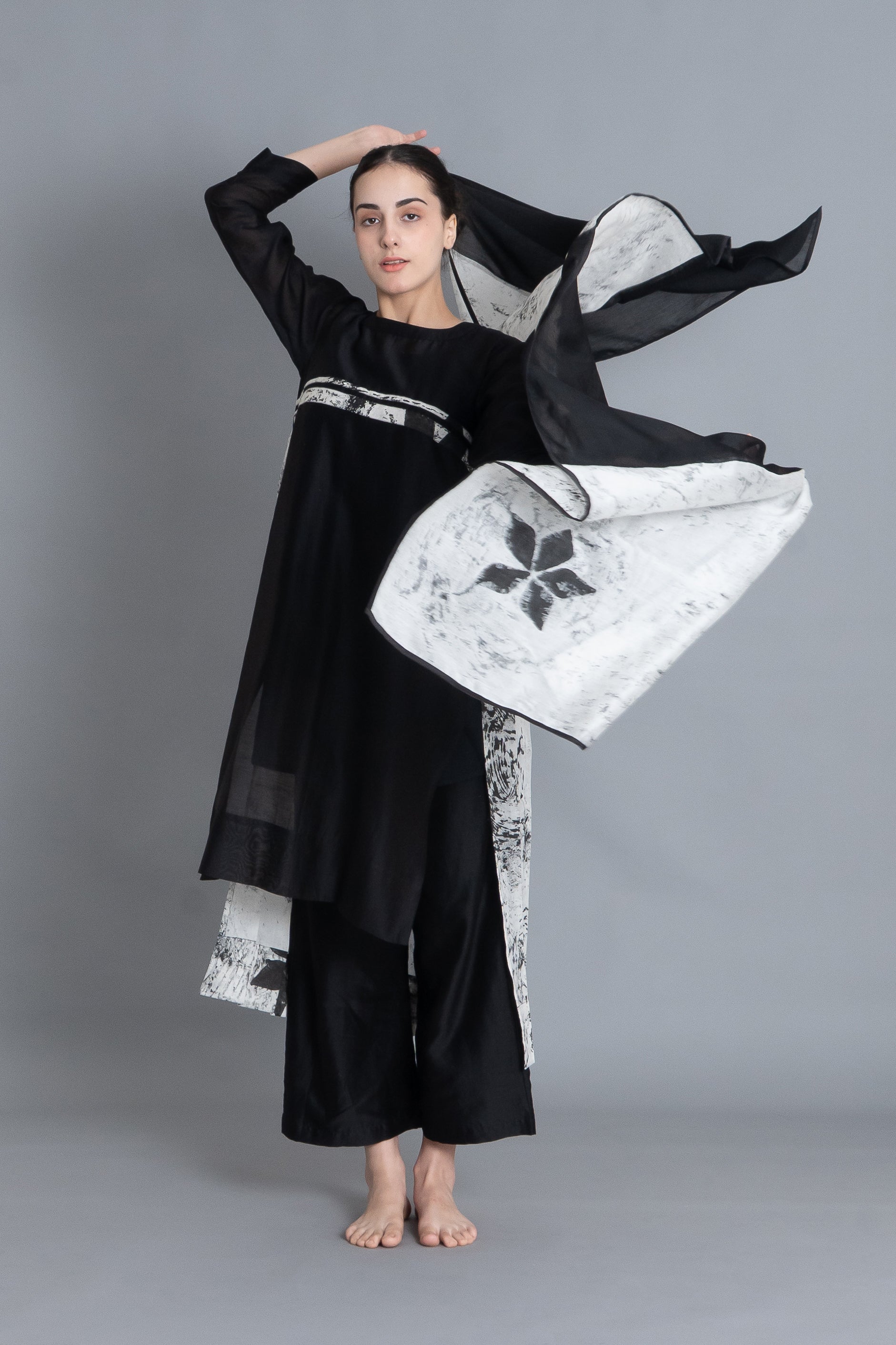 Black Textured Pleated Dress Co-ord with Scraff