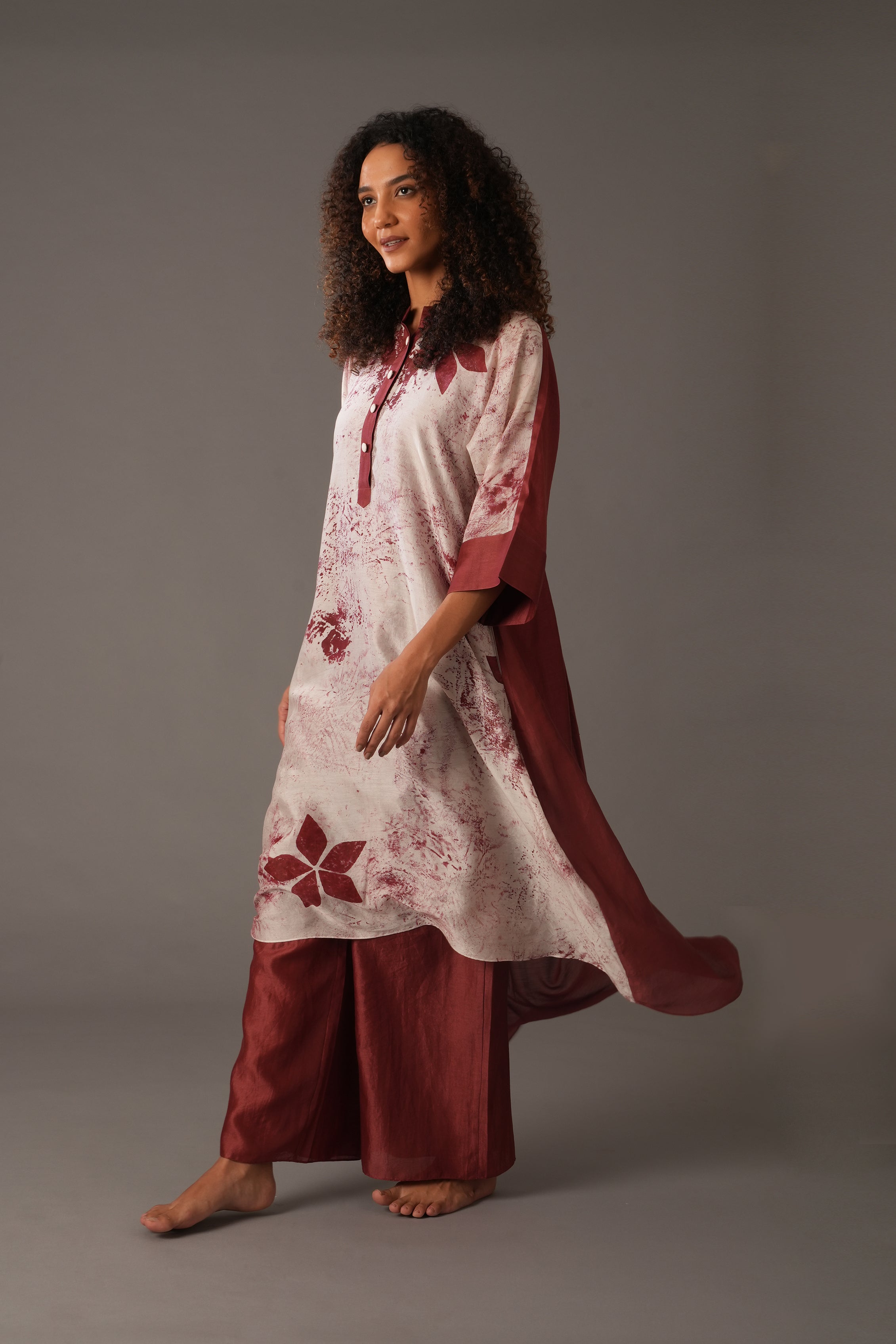 Texcher Print Gather's collar Dress with Pant