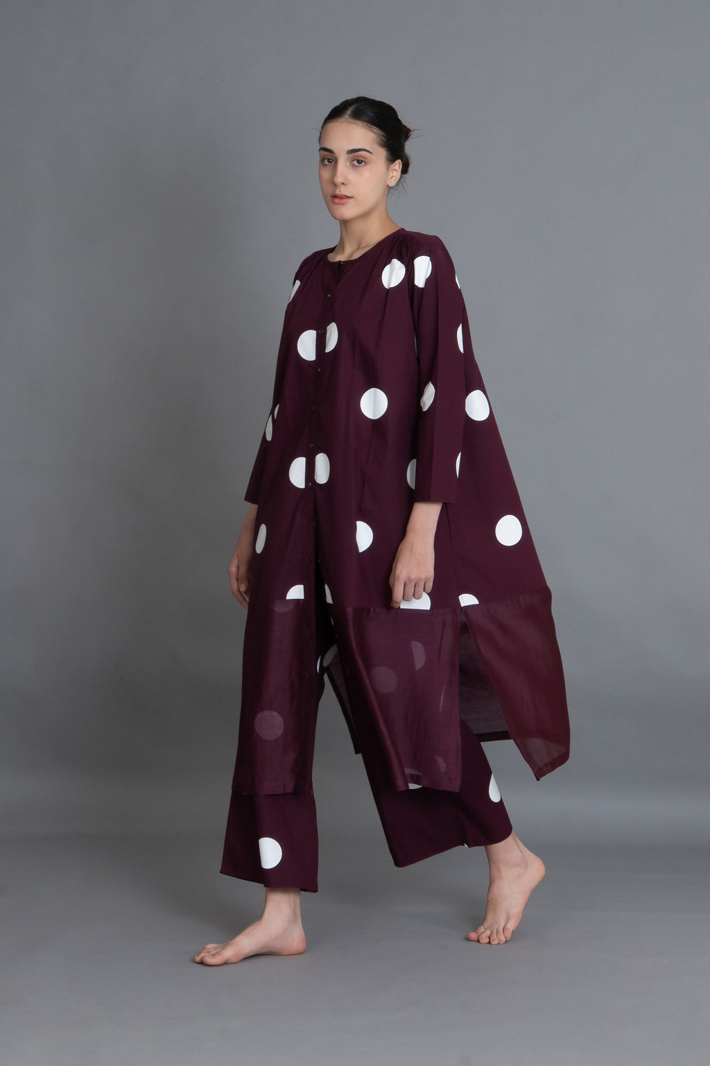 Maroon Polka Chanderi Gathered Dress Co-ord with Scraff
