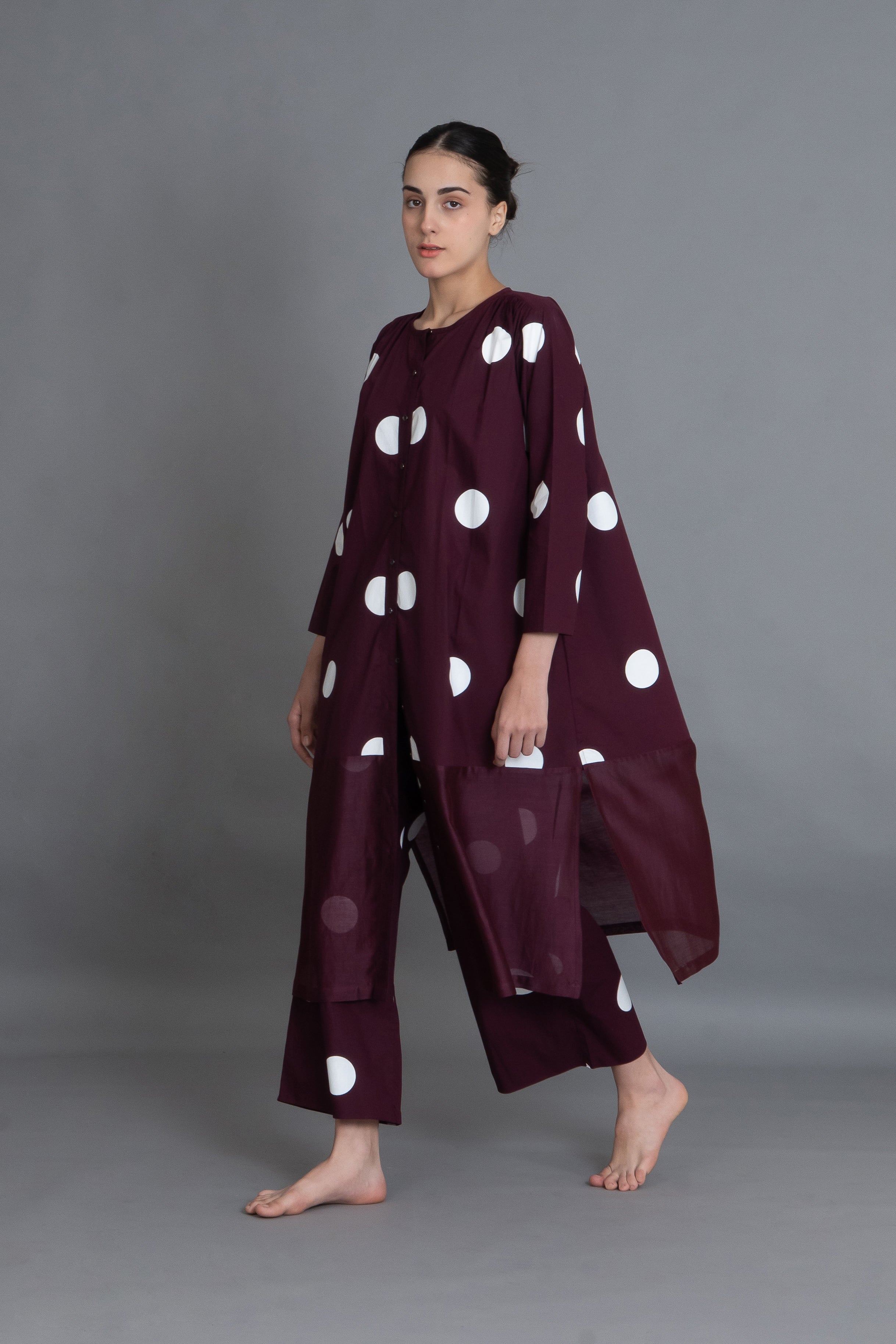 Maroon Polka Chanderi Gathered Dress Co-ord with Scraff