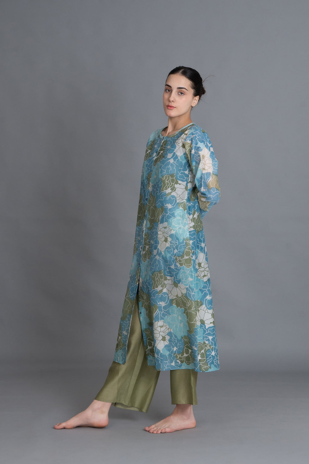 Ocean Blue Floral Print Kurta Co-Ord with scraff