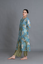 Ocean Blue Floral Print Kurta Co-Ord with scraff