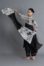 Black Printed Embroidered Dress Co-ord with Scraff