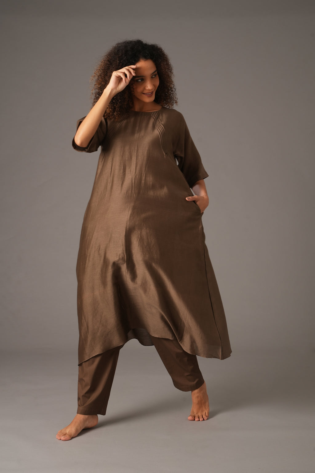 Olive Round Neck Piping Dress Co-ord