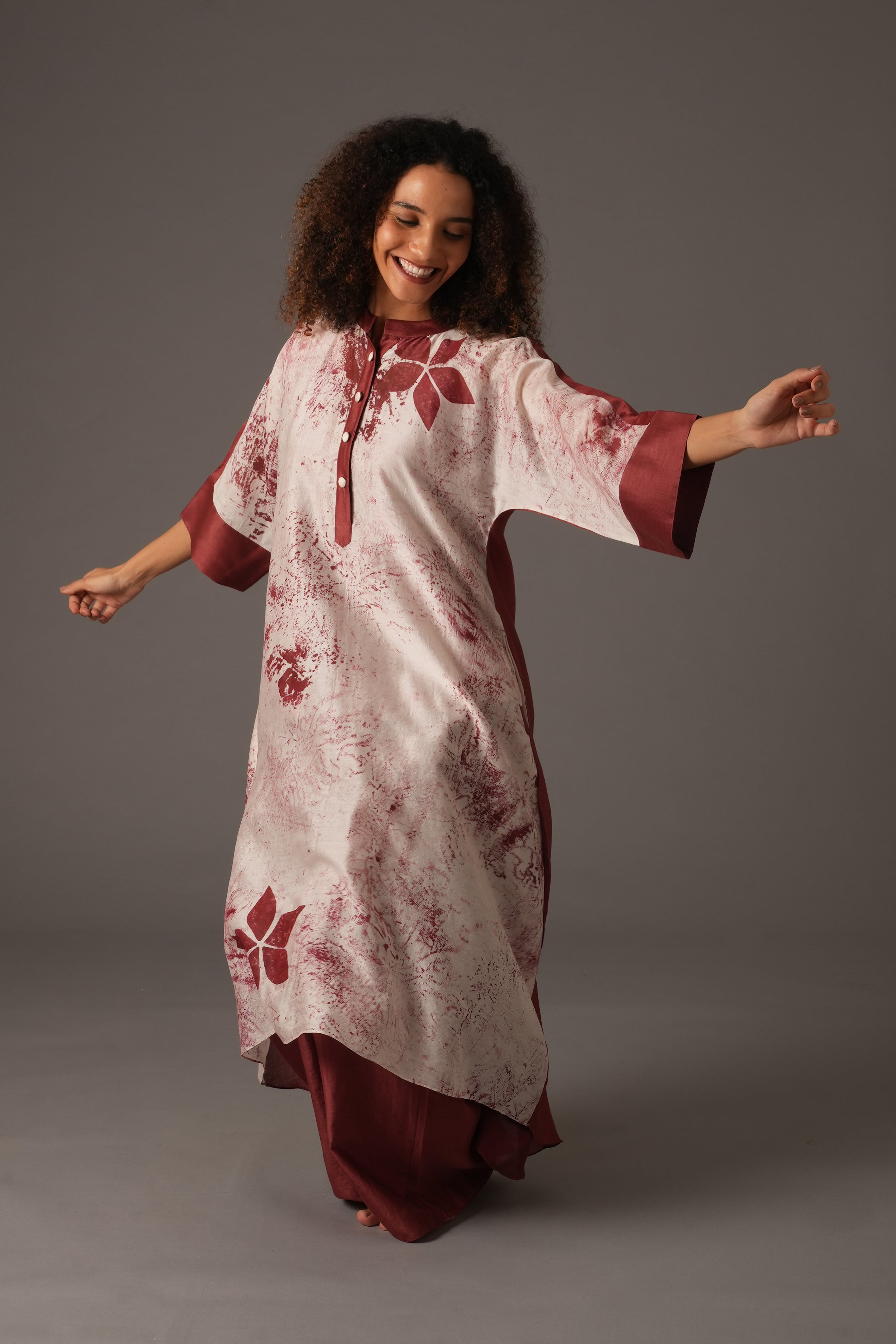 Texcher Print Gather's collar Dress with Pant & Scarff