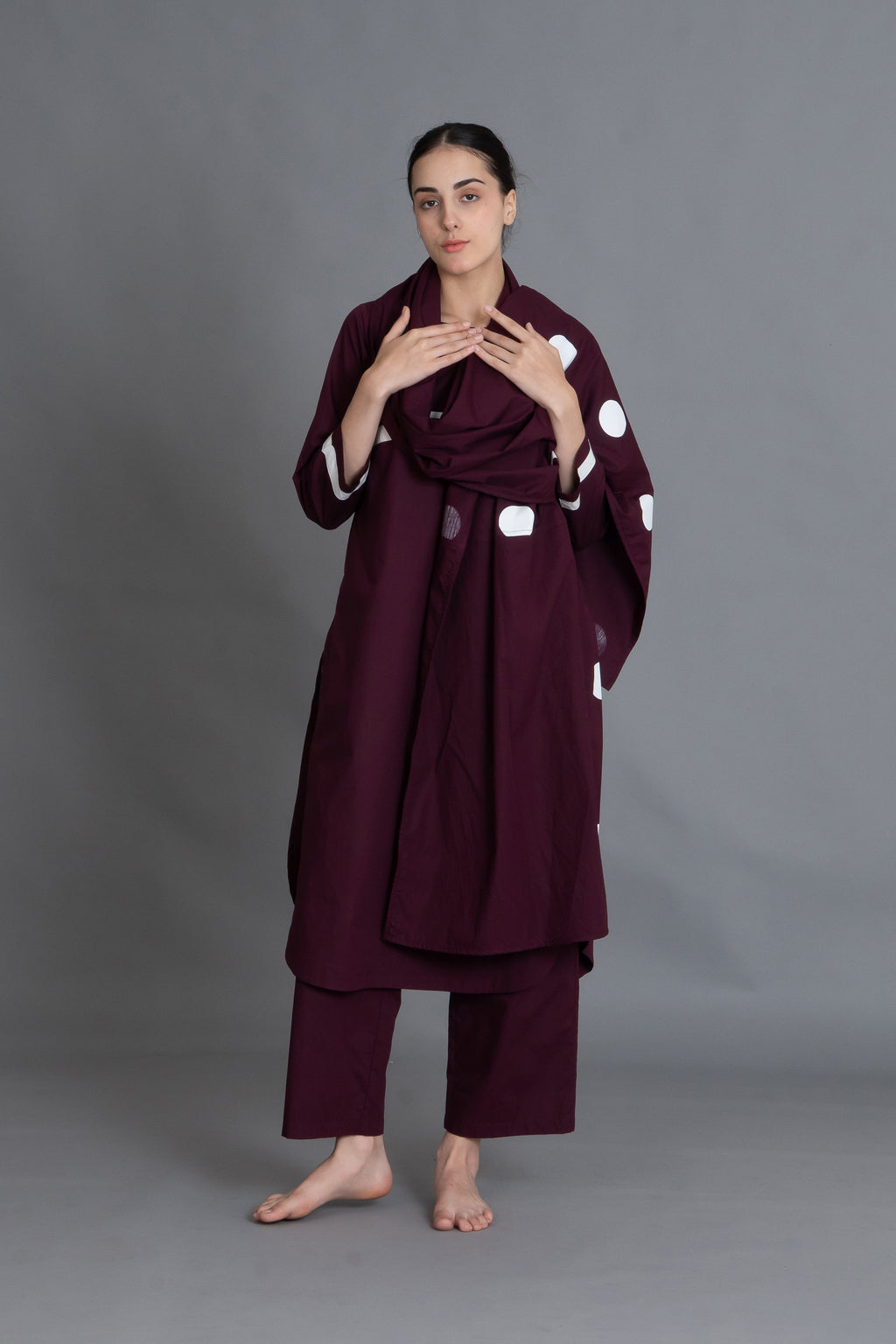 Maroon Polka Pleated Back Dress Co-ord with Scraff