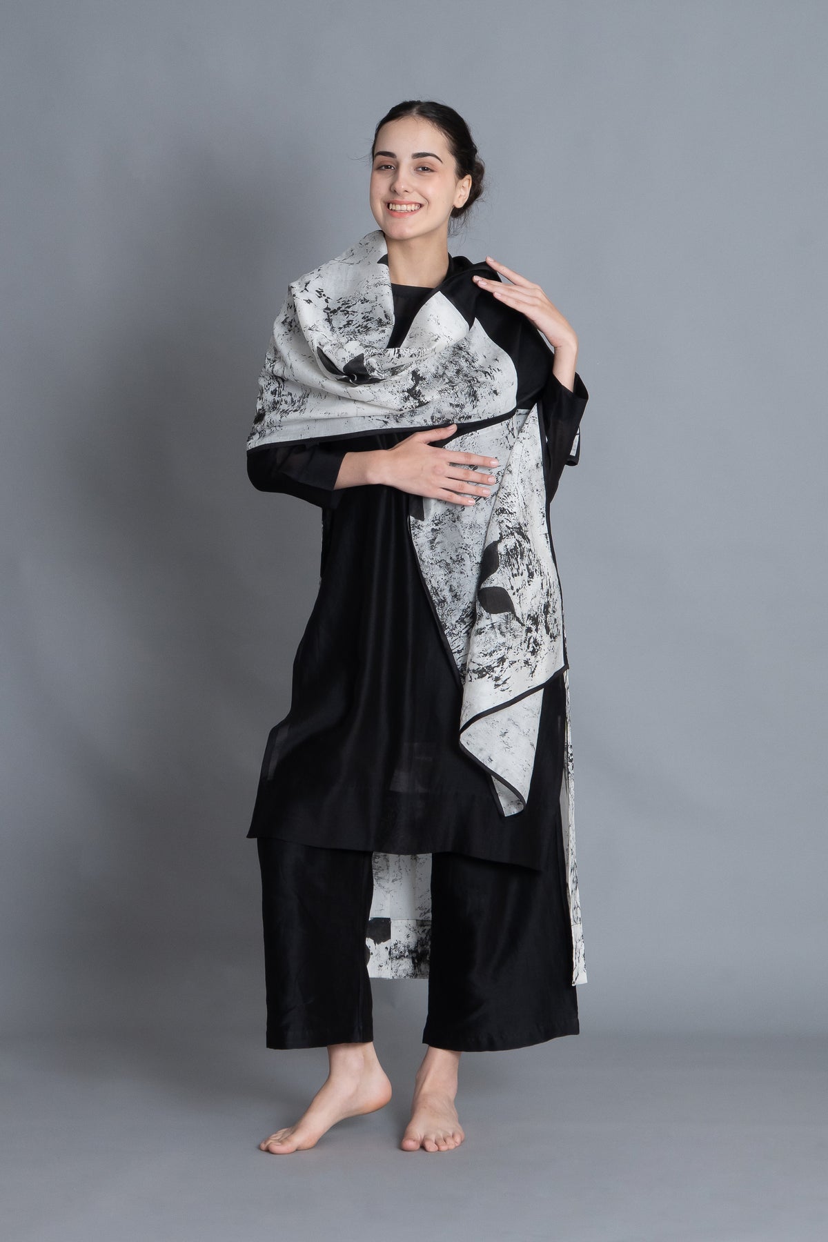 Black Textured Pleated Dress Co-ord with Scraff