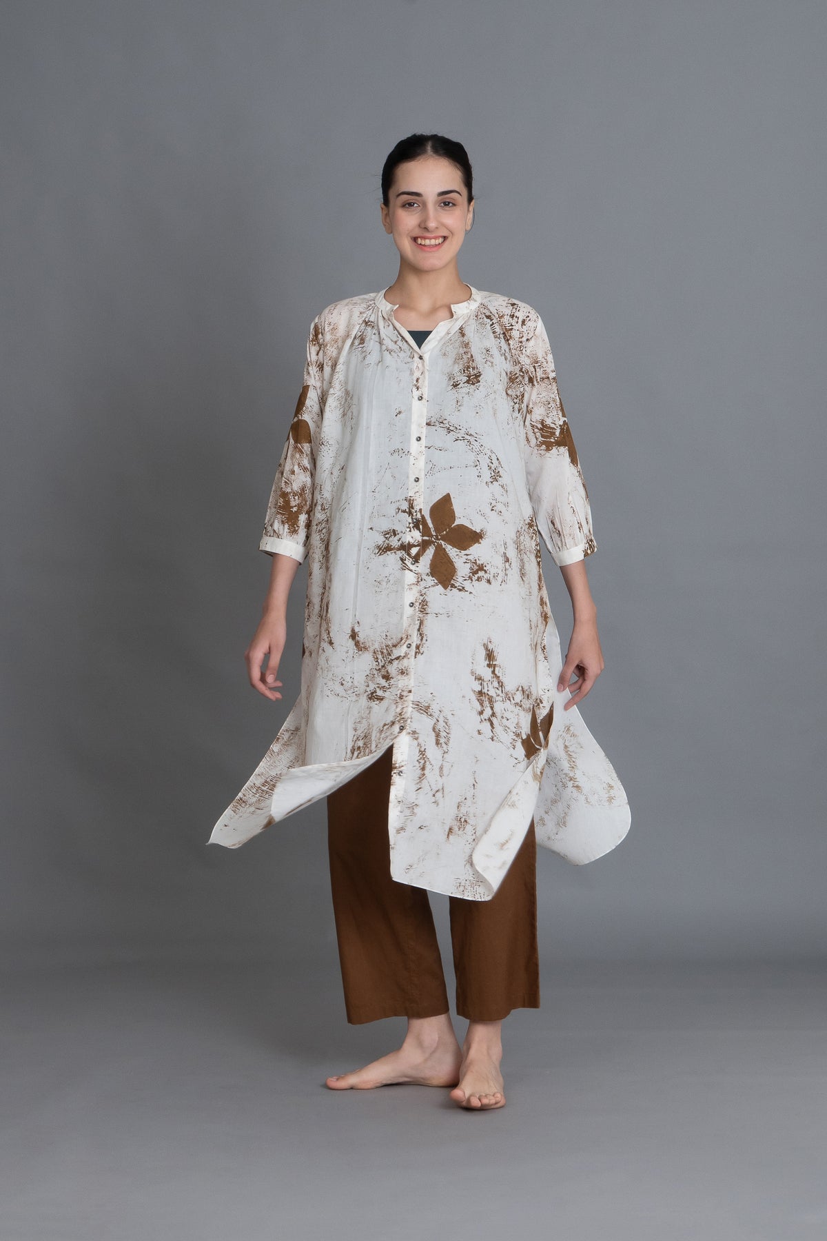 Earthy Brown Print Dress Co-ord With Scraff