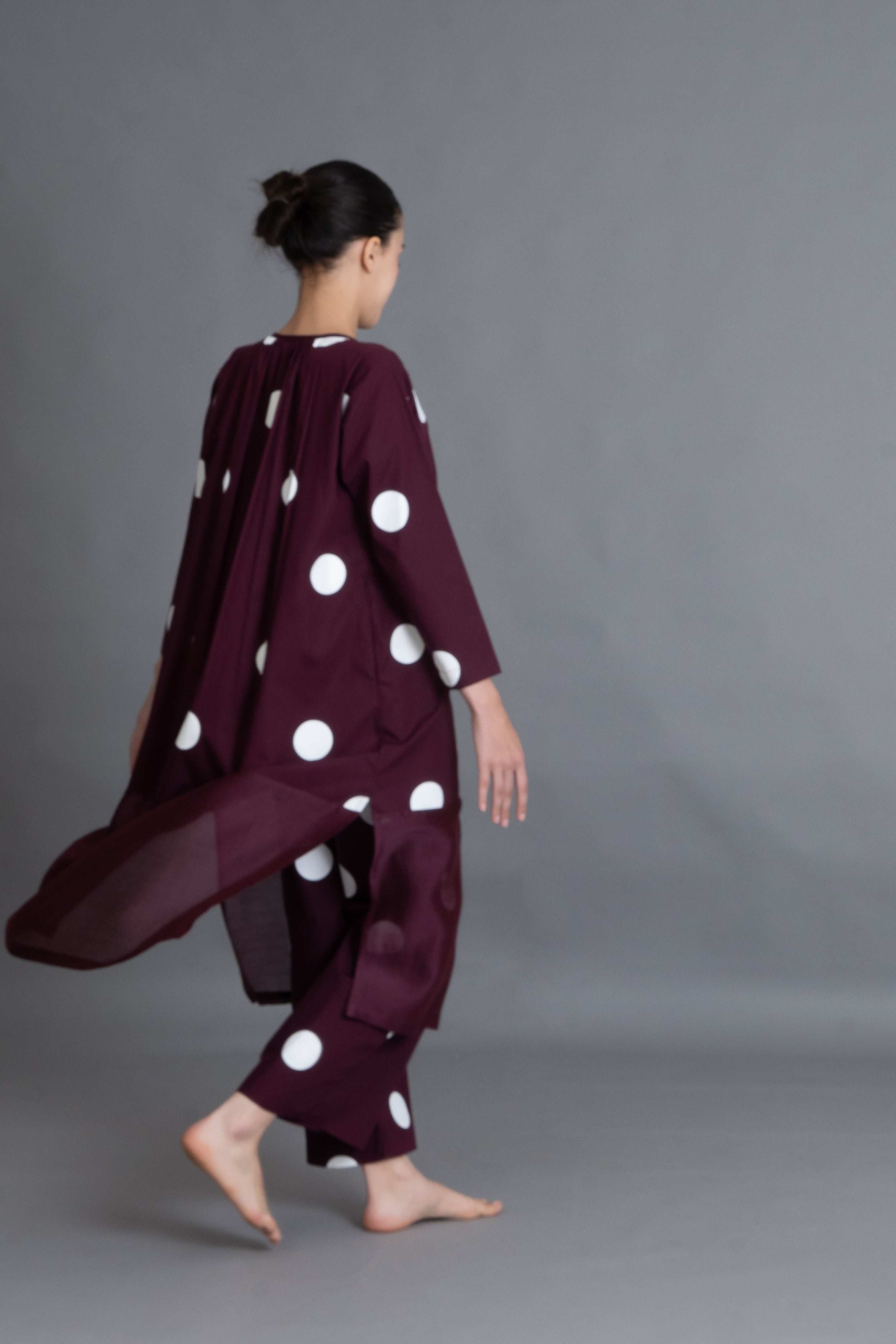 Maroon Polka Chanderi Gathered Dress Co-ord with Scraff