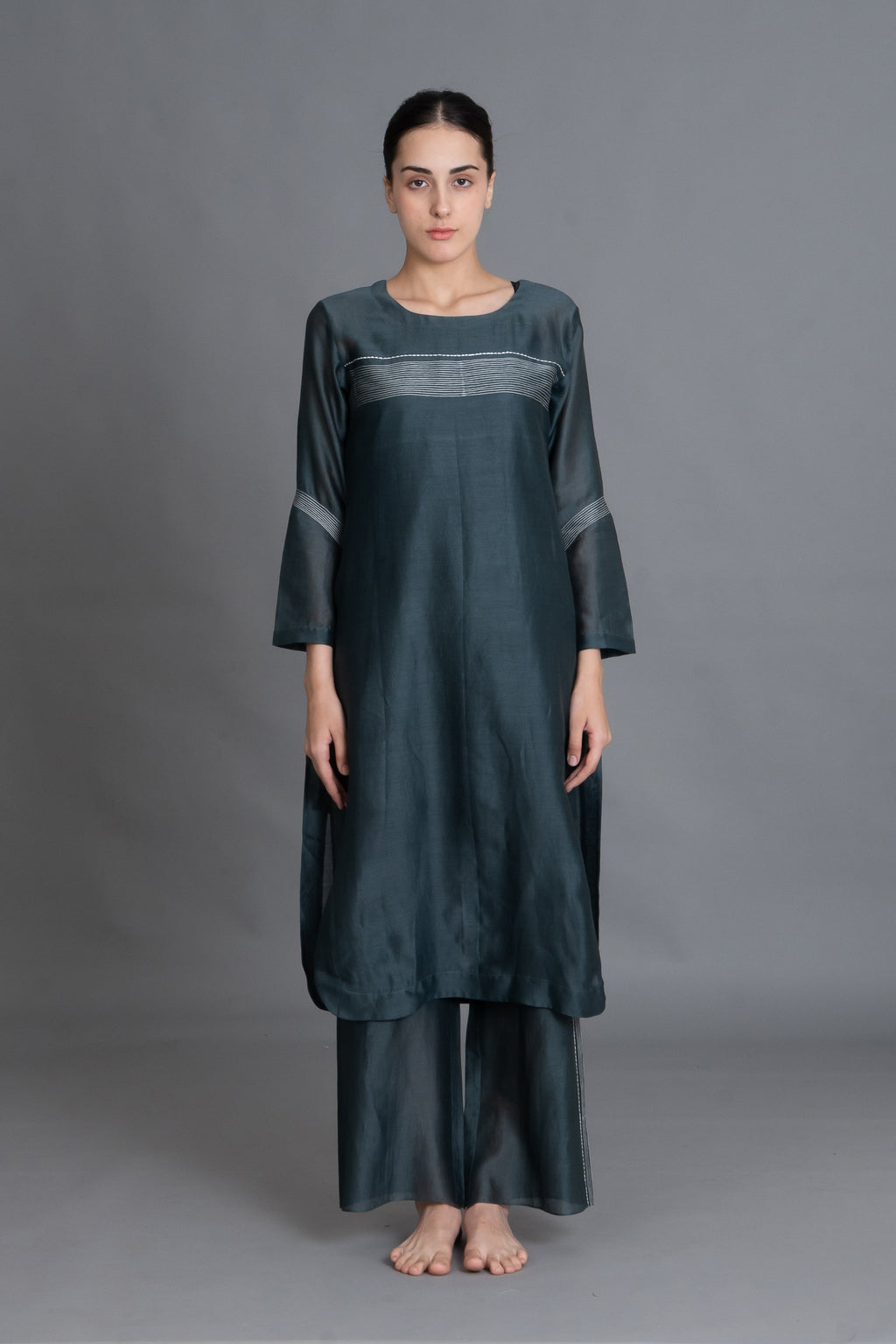 E-Mint Embroidery Dress with Embroidried Bottom Co-ord