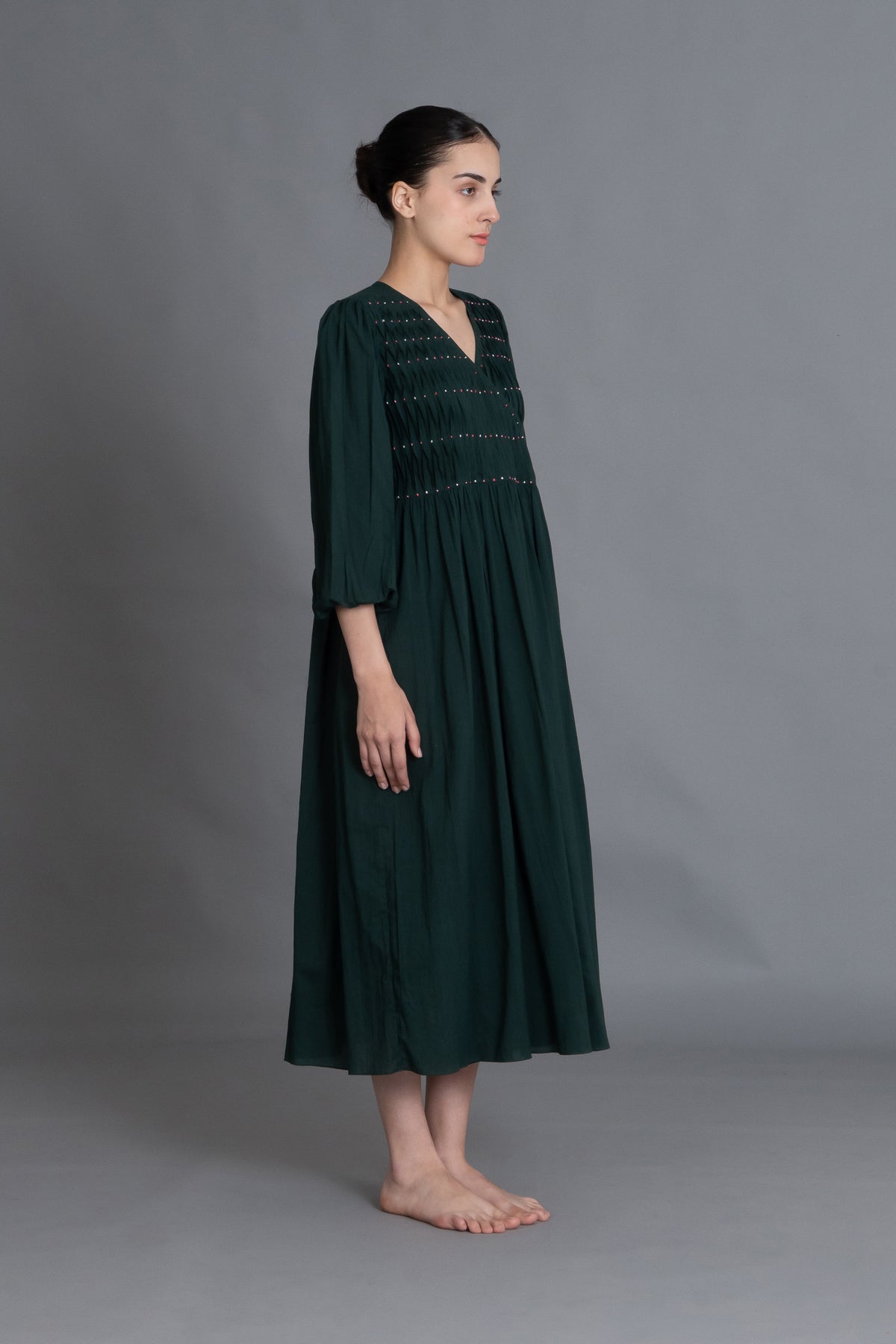 Forest Green Hand-Smocked Dress