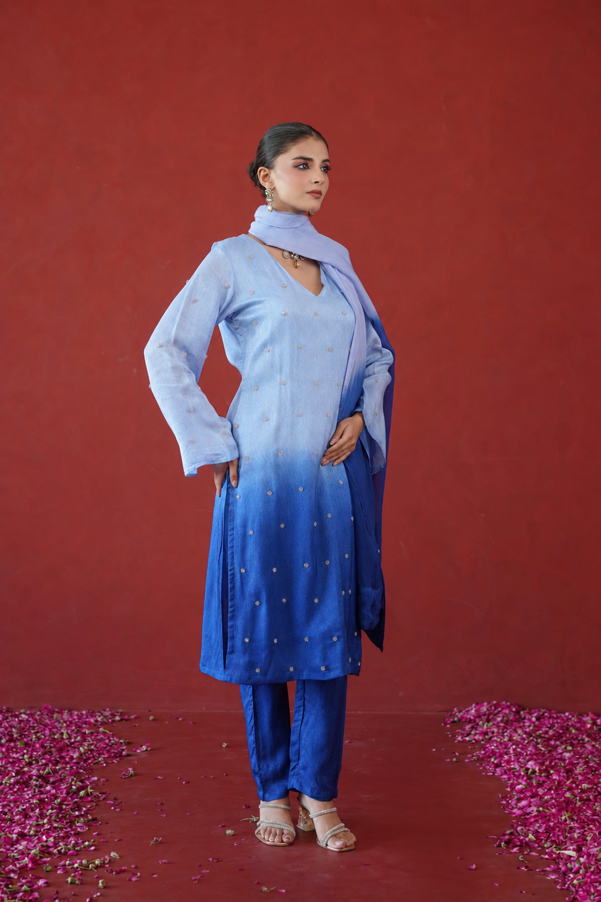 Blue Ombre Embroidered Suit Set