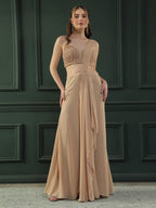Tan Brown pre-drape georgette saree paired beautifully with a hand-embellished pearl blouse.