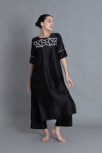Black Floral Embroidered Pleated Dress Co-ord with Scraff