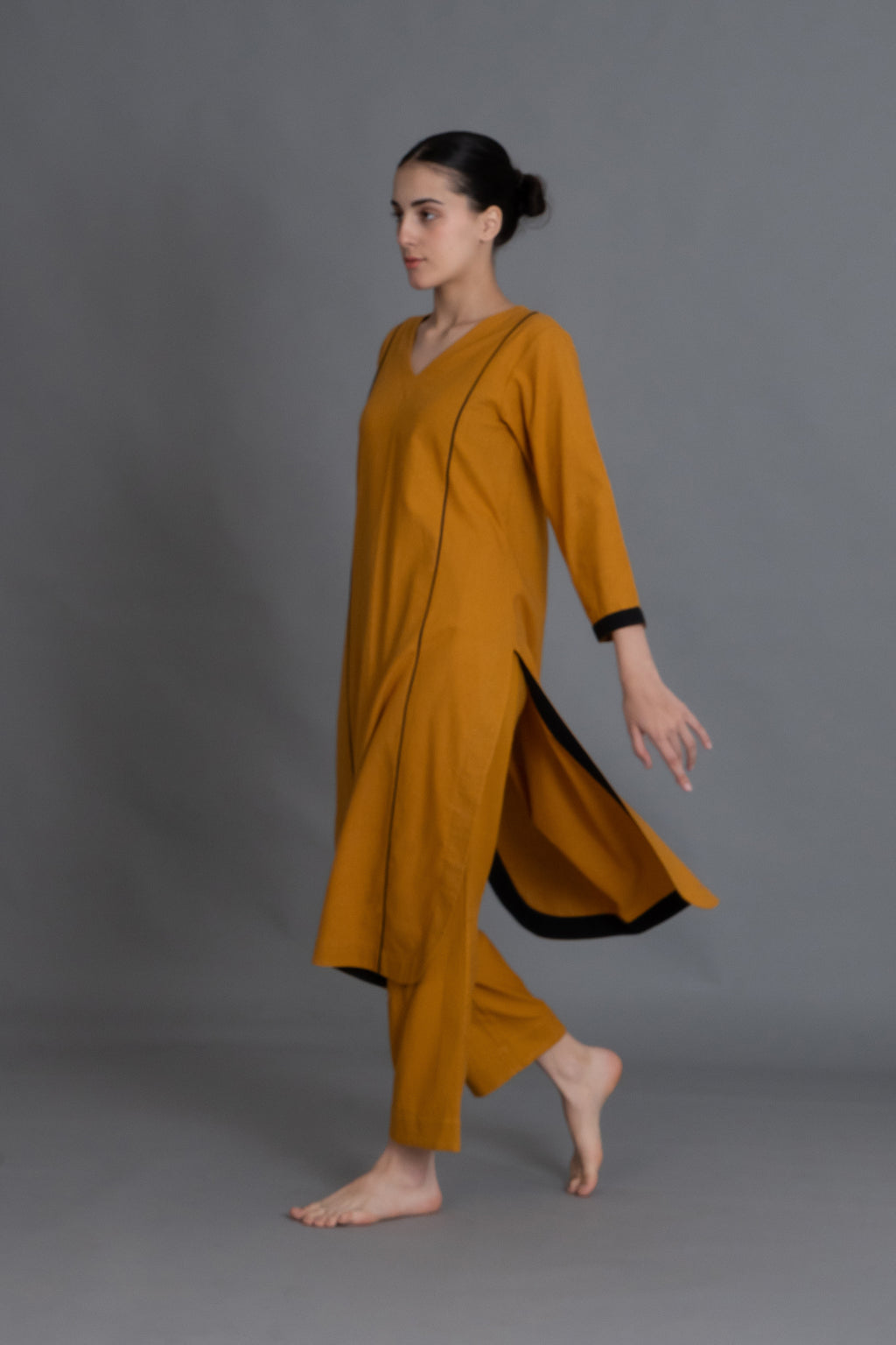 Mustered Cotton V-Neck Dress