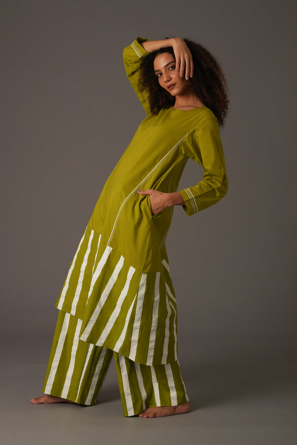 Purple Bright white stripe dress With Pant and Scarff