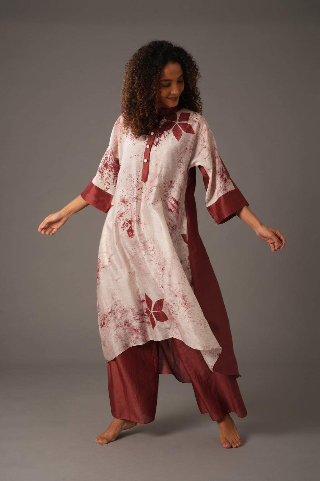 Texcher Print Gather's collar Dress with Pant
