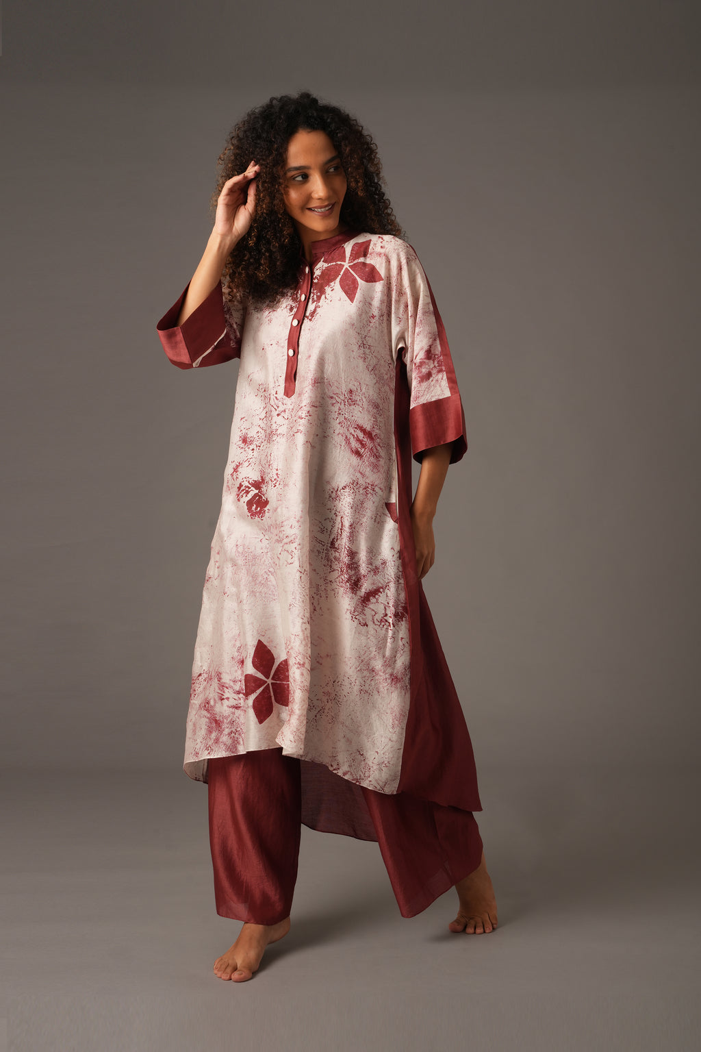 Texcher Print Gather's collar Dress with Pant & Scarff