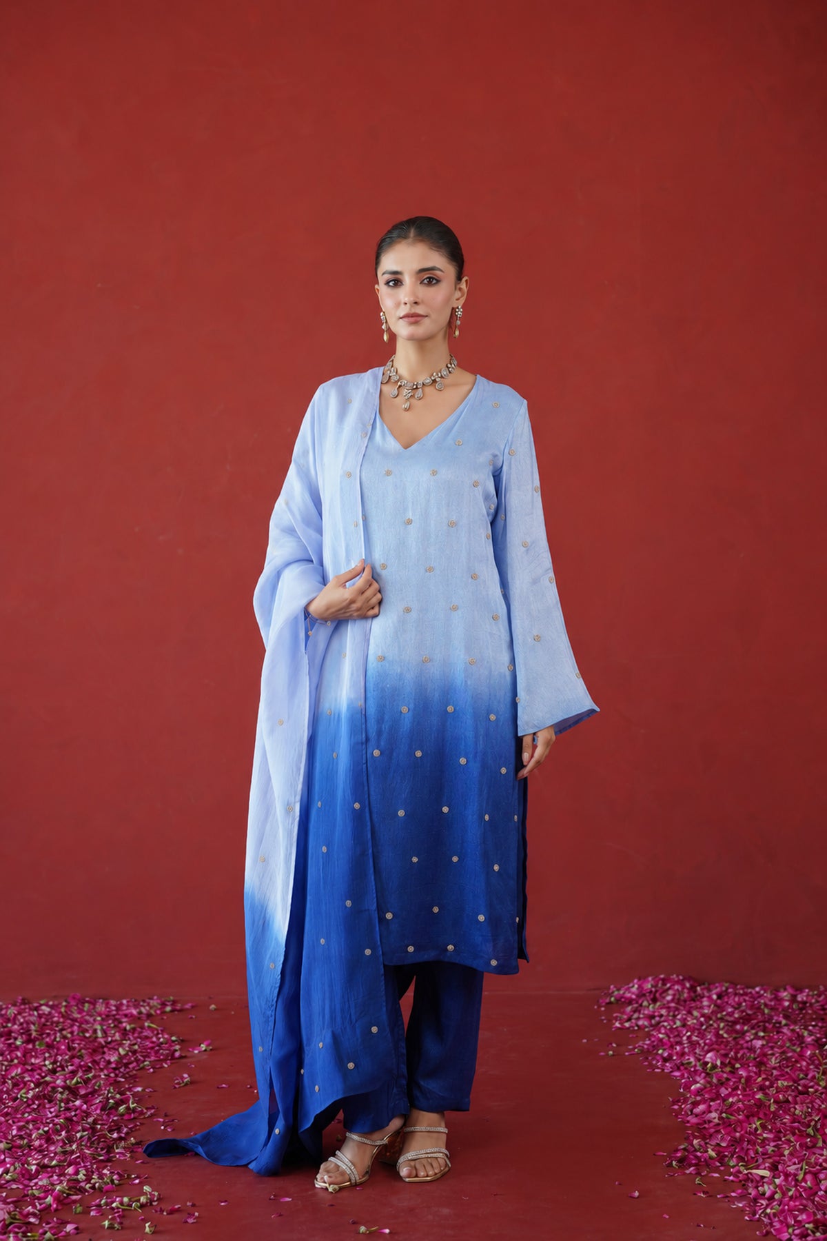 Blue Ombre Embroidered Suit Set